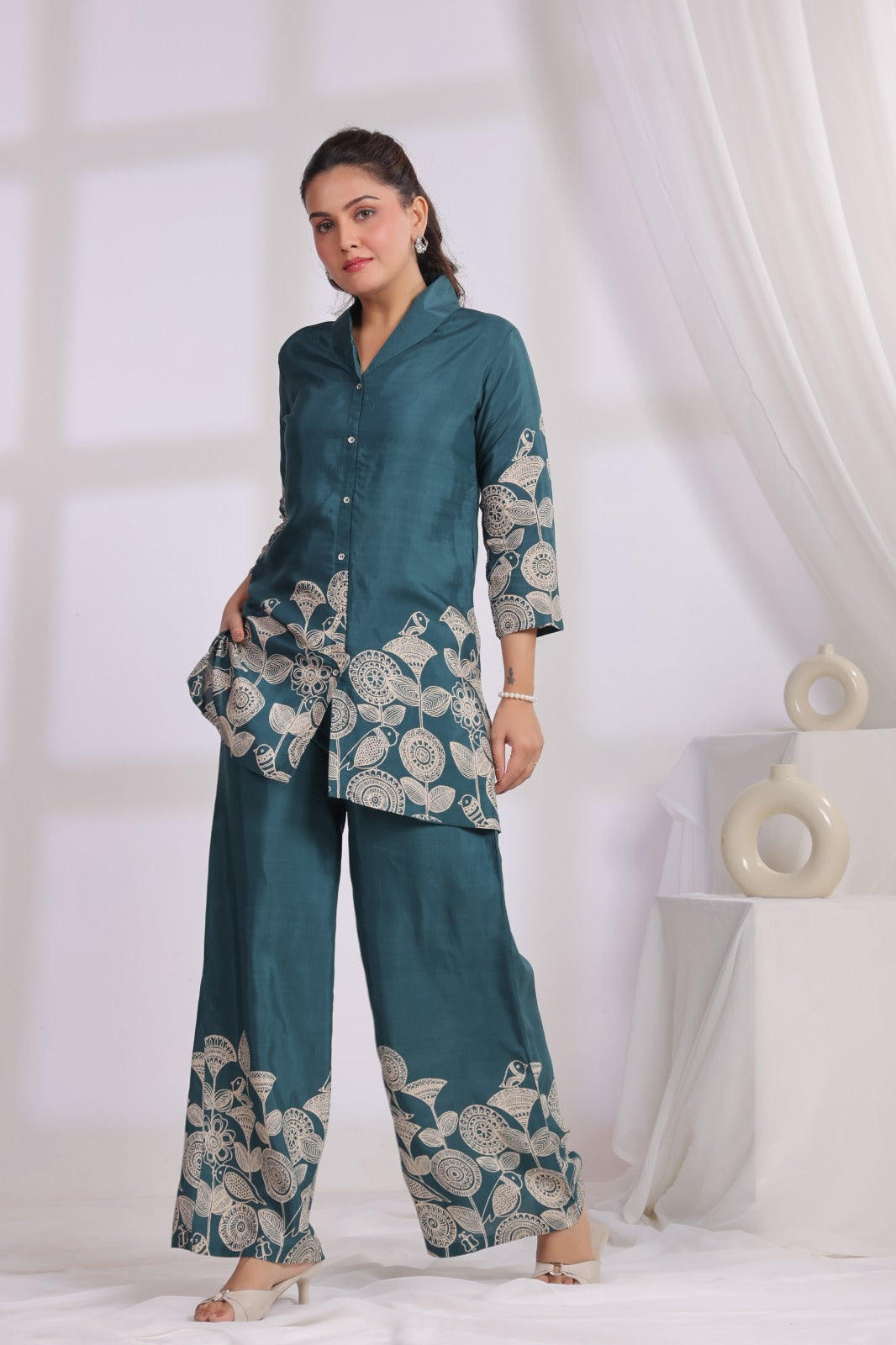 Green Co-ord Set with Floral Line Print