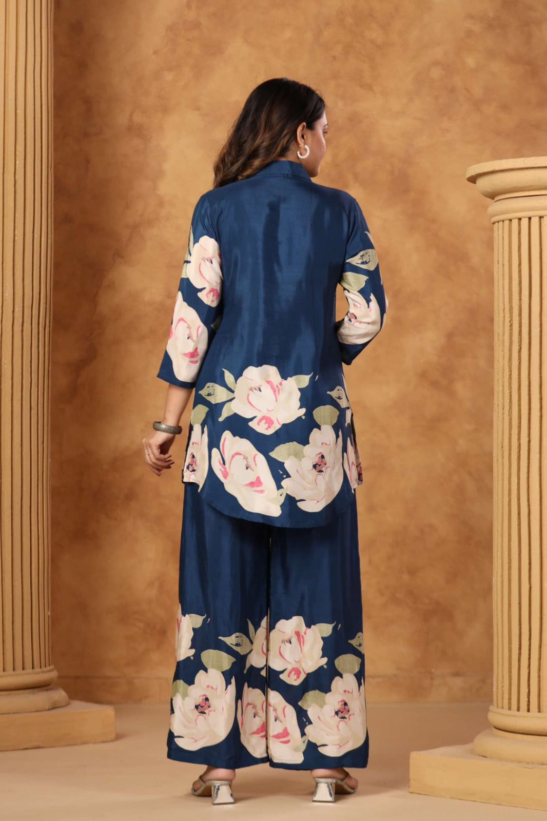 Blue Satin Co-ord Set with Bold Floral Print
