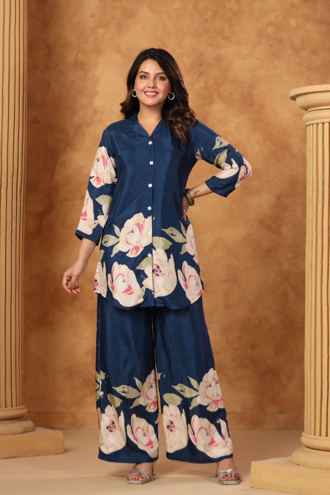 Blue Satin Co-ord Set with Bold Floral Print