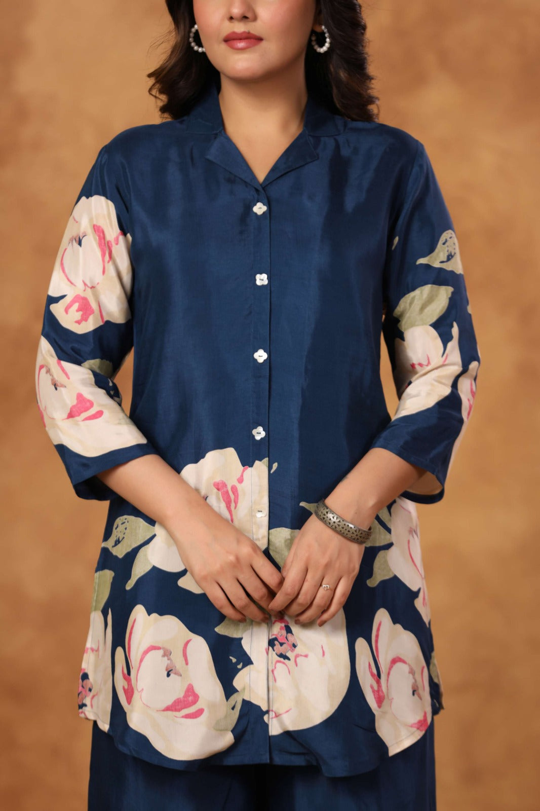 Blue Satin Co-ord Set with Bold Floral Print