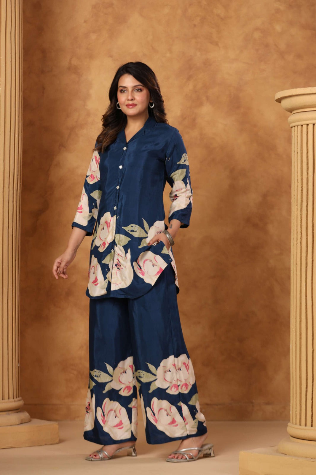 Blue Satin Co-ord Set with Bold Floral Print