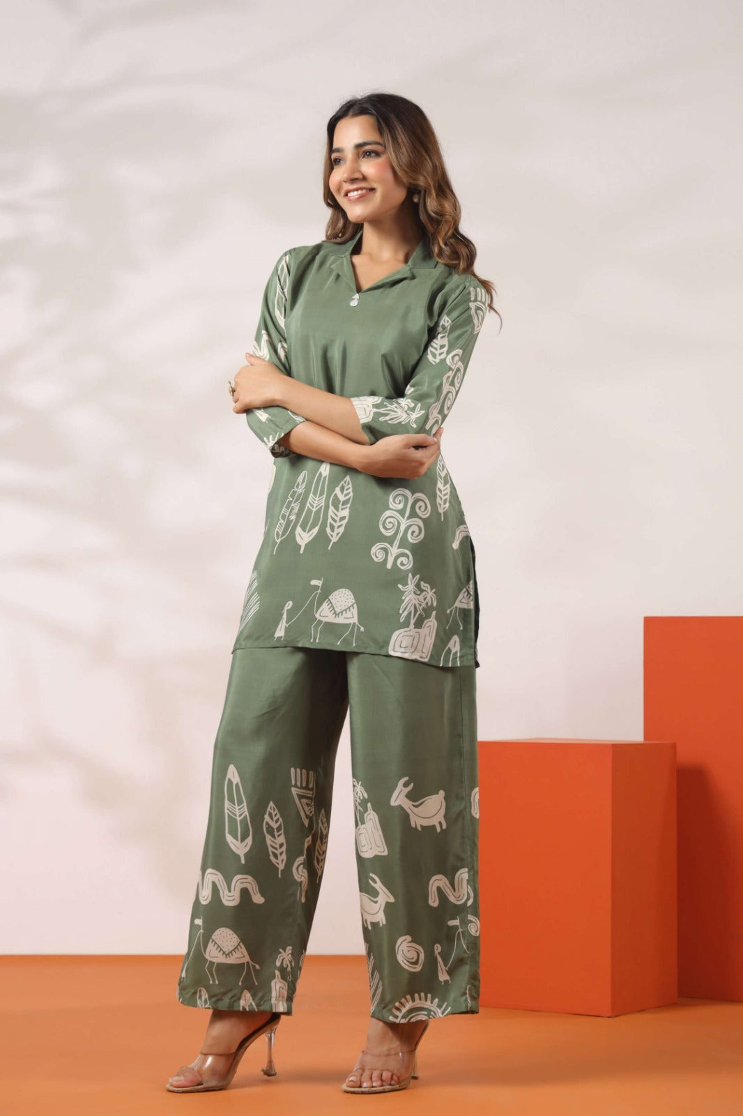 Green Co-ord Set with Tribal Print Pattern