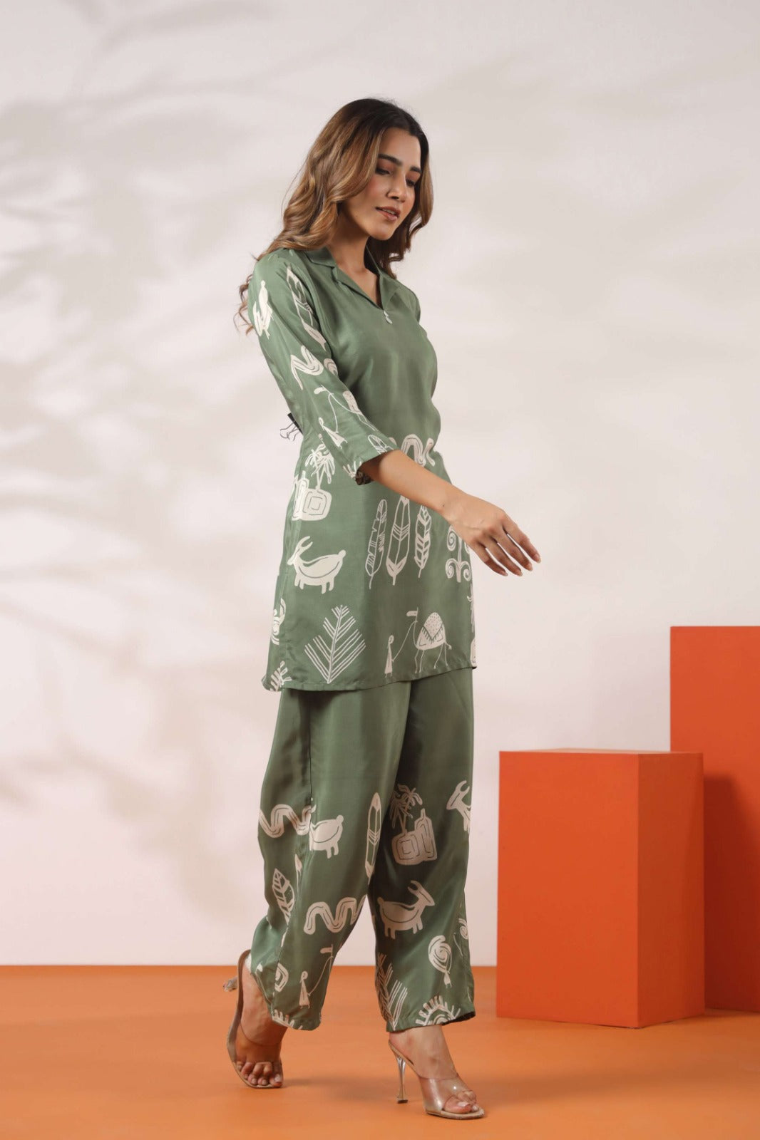 Green Co-ord Set with Tribal Print Pattern