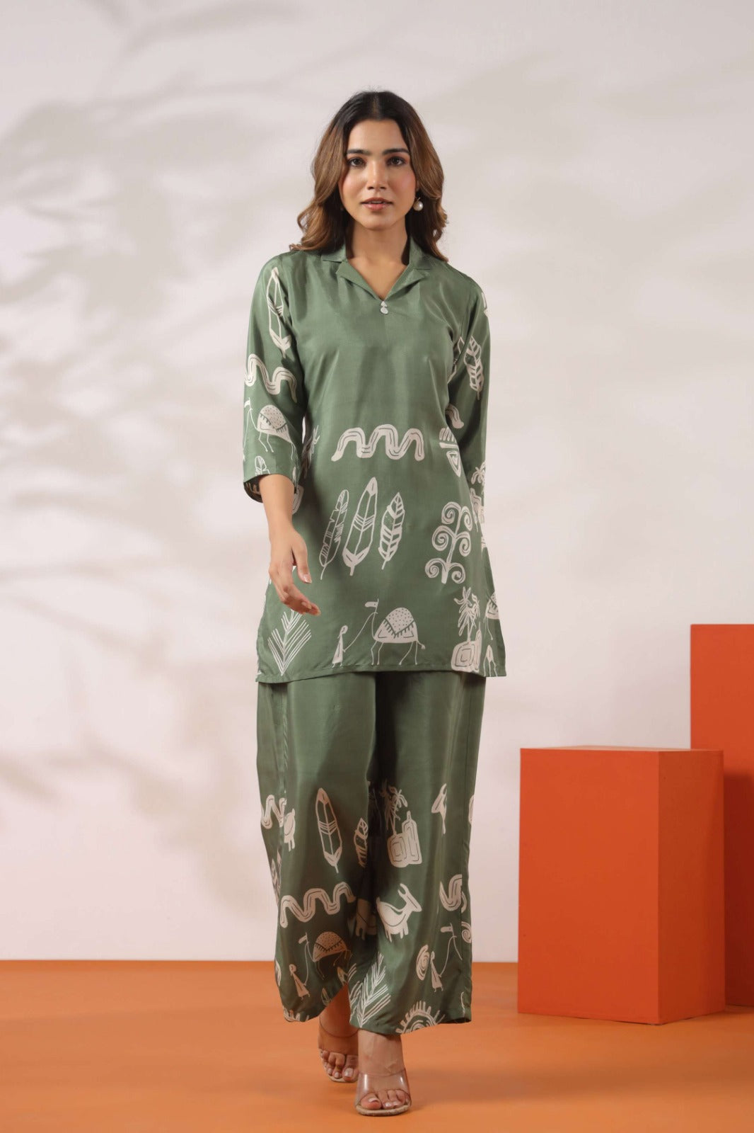 Green Co-ord Set with Tribal Print Pattern