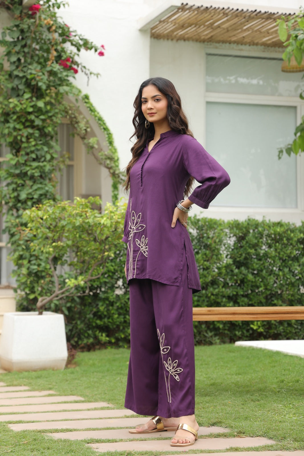Purple Satin Co-ord Set with Floral Embroidery