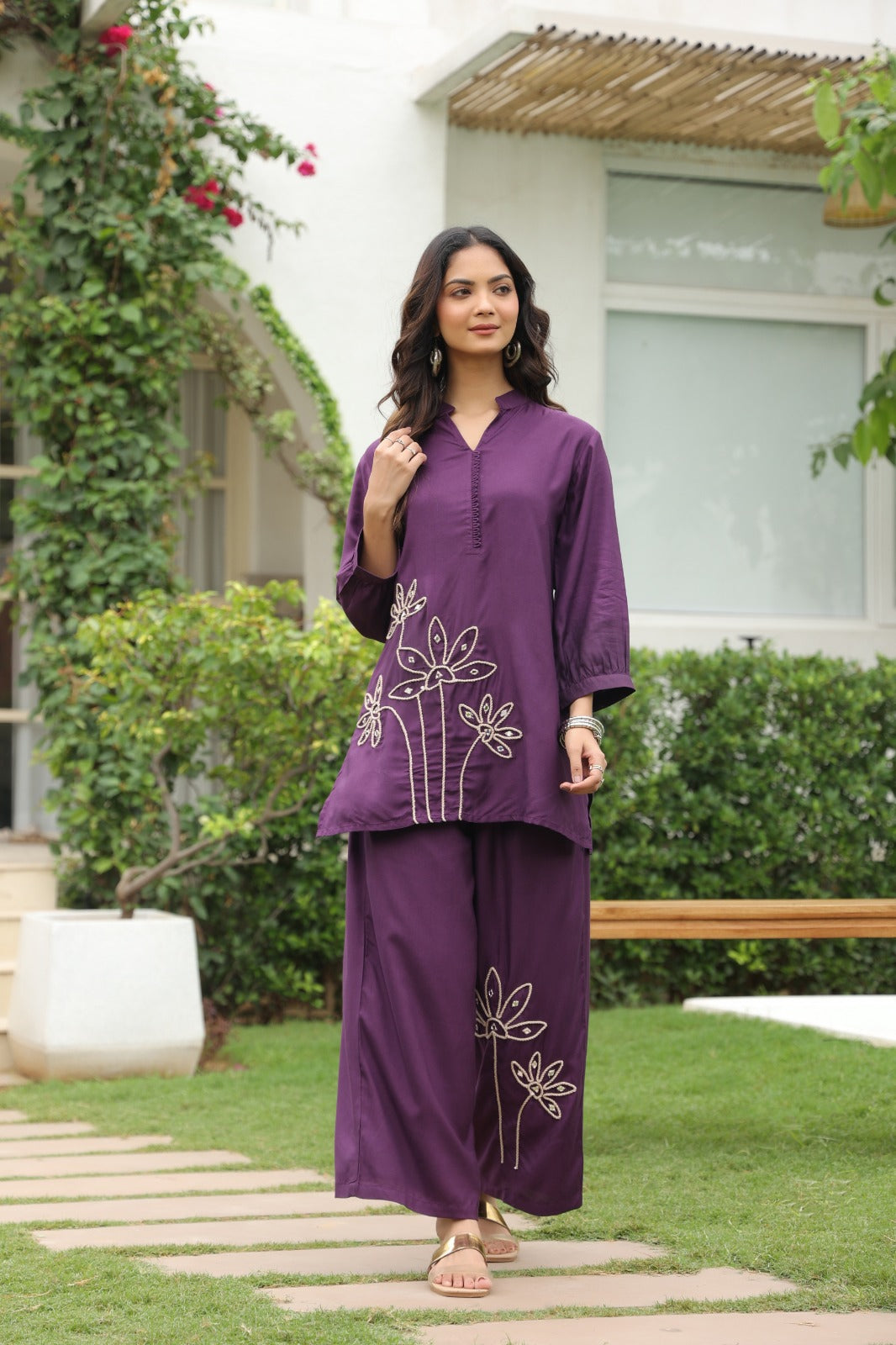 Purple Satin Co-ord Set with Floral Embroidery