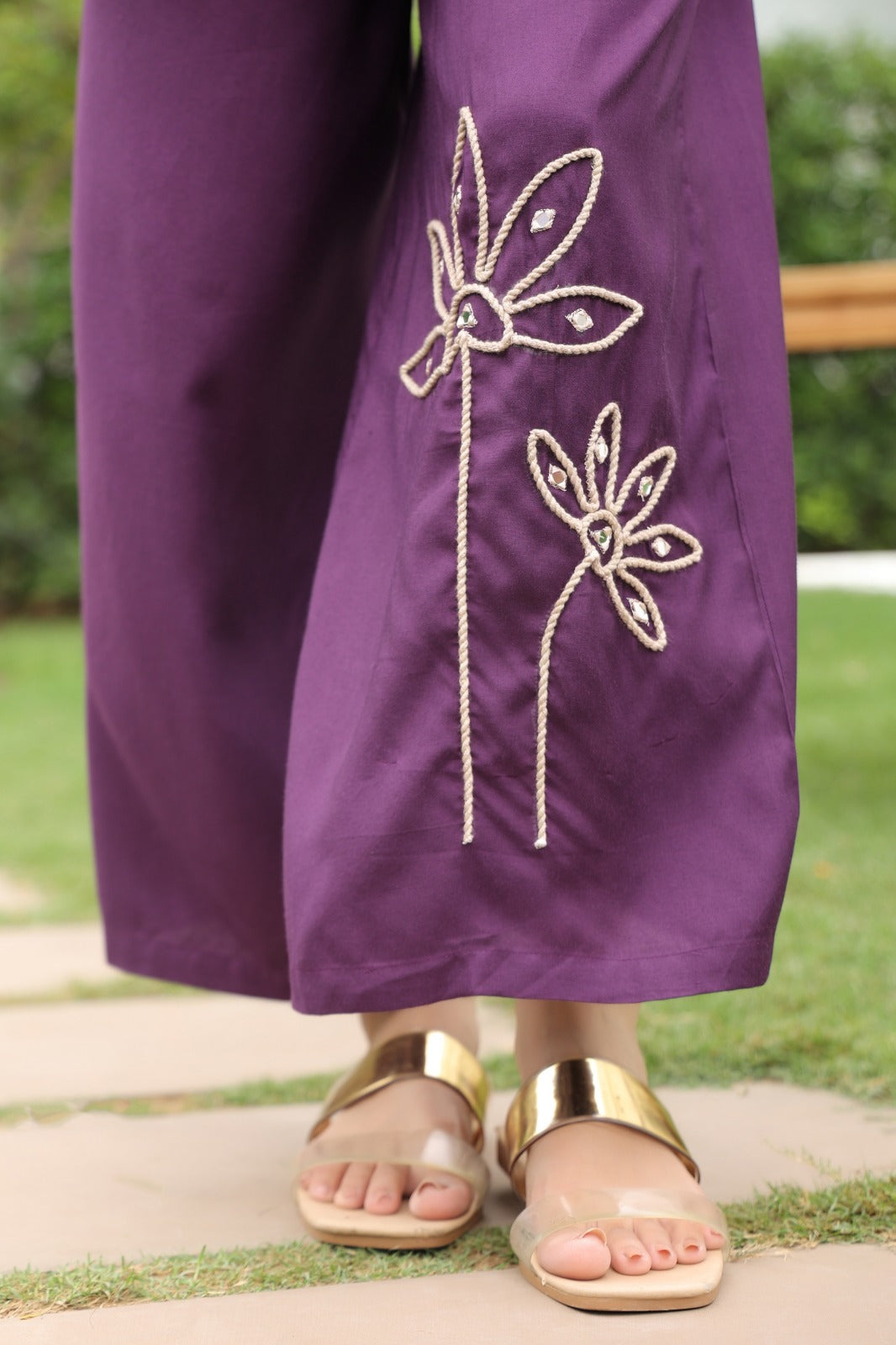 Purple Satin Co-ord Set with Floral Embroidery