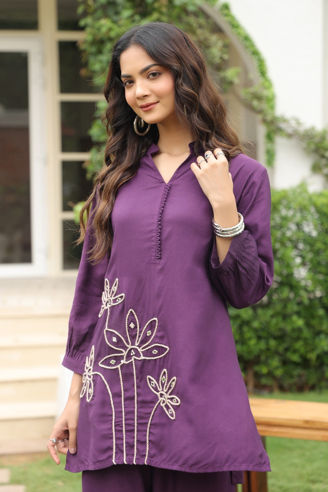 Purple Satin Co-ord Set with Floral Embroidery