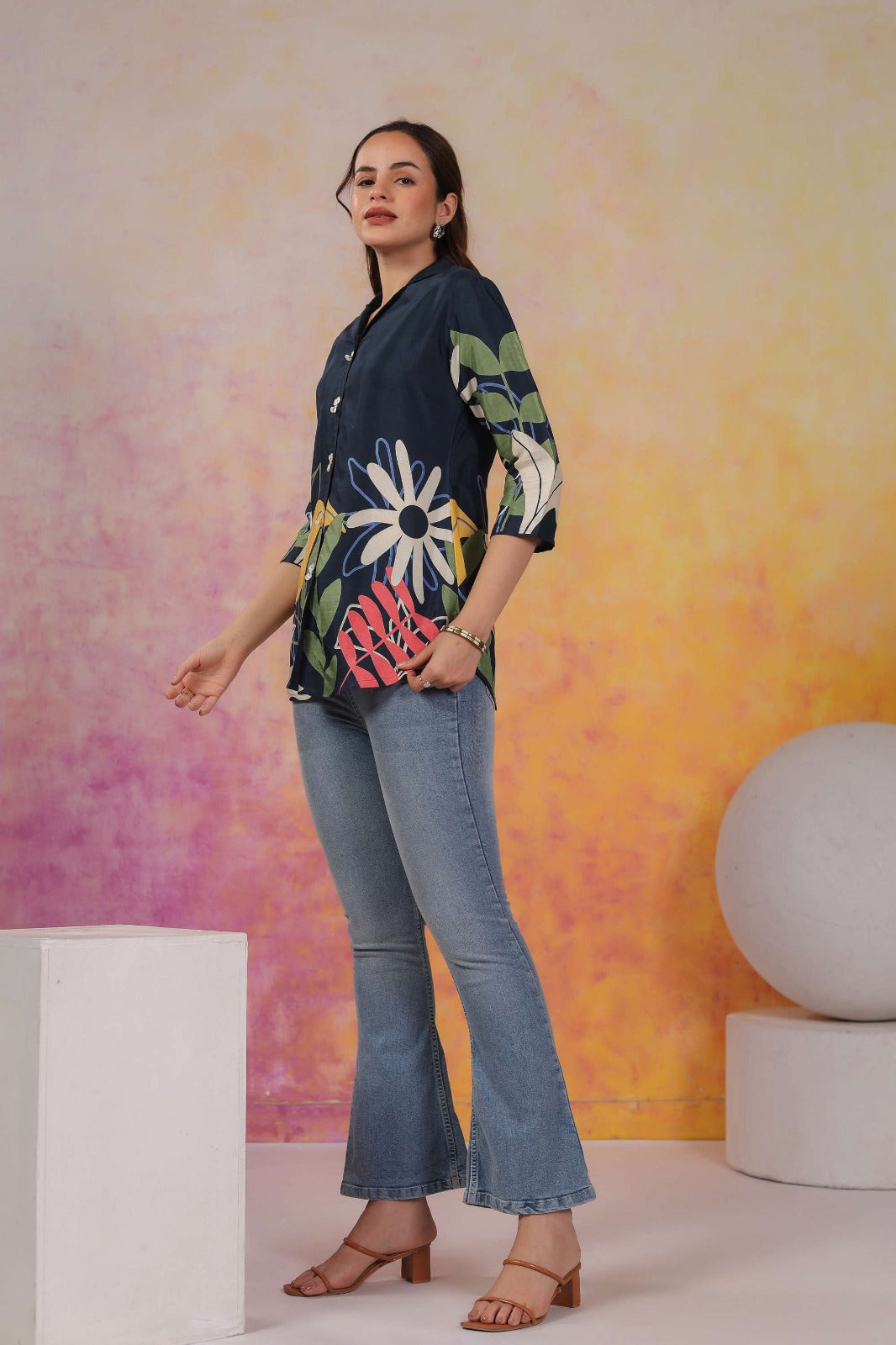 Blue Floral Printed Cotton Top