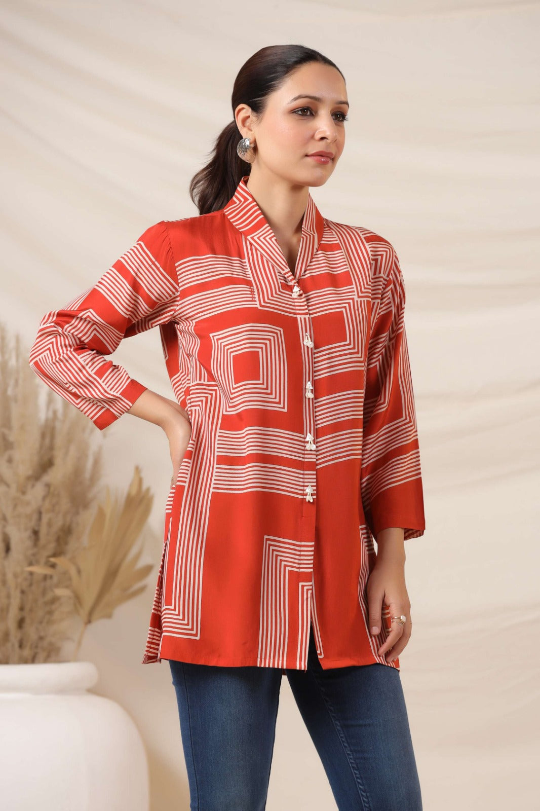 Rust Cotton Top with Geometric Pattern