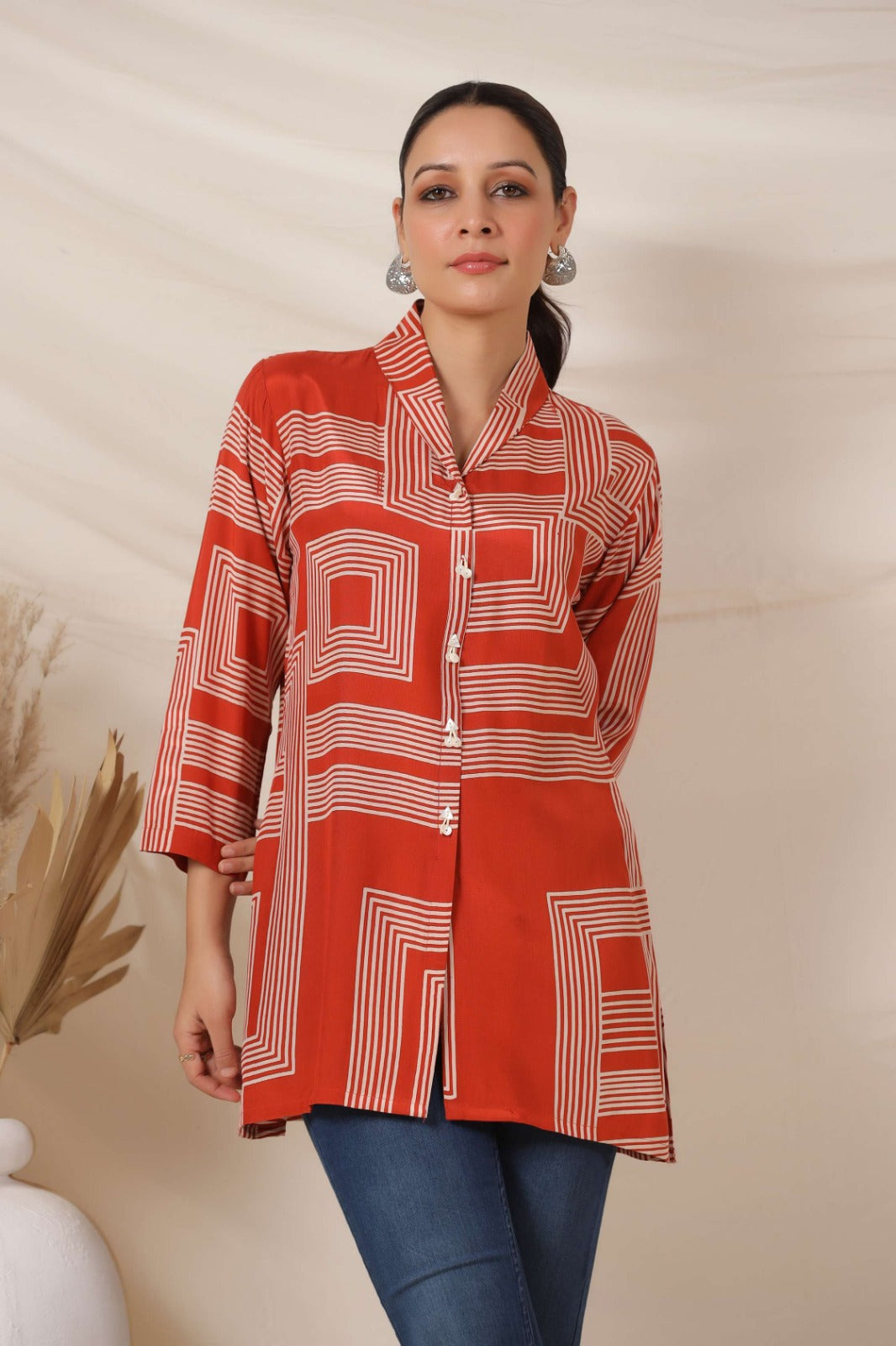 Rust Cotton Top with Geometric Pattern