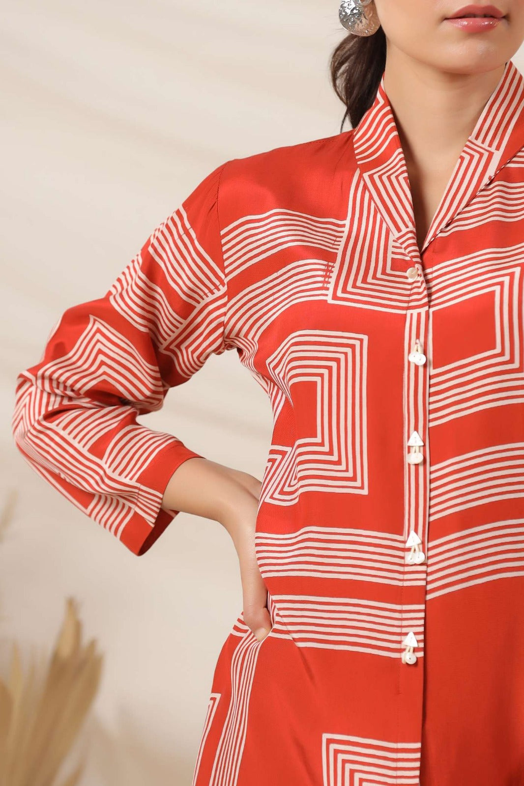 Rust Cotton Top with Geometric Pattern