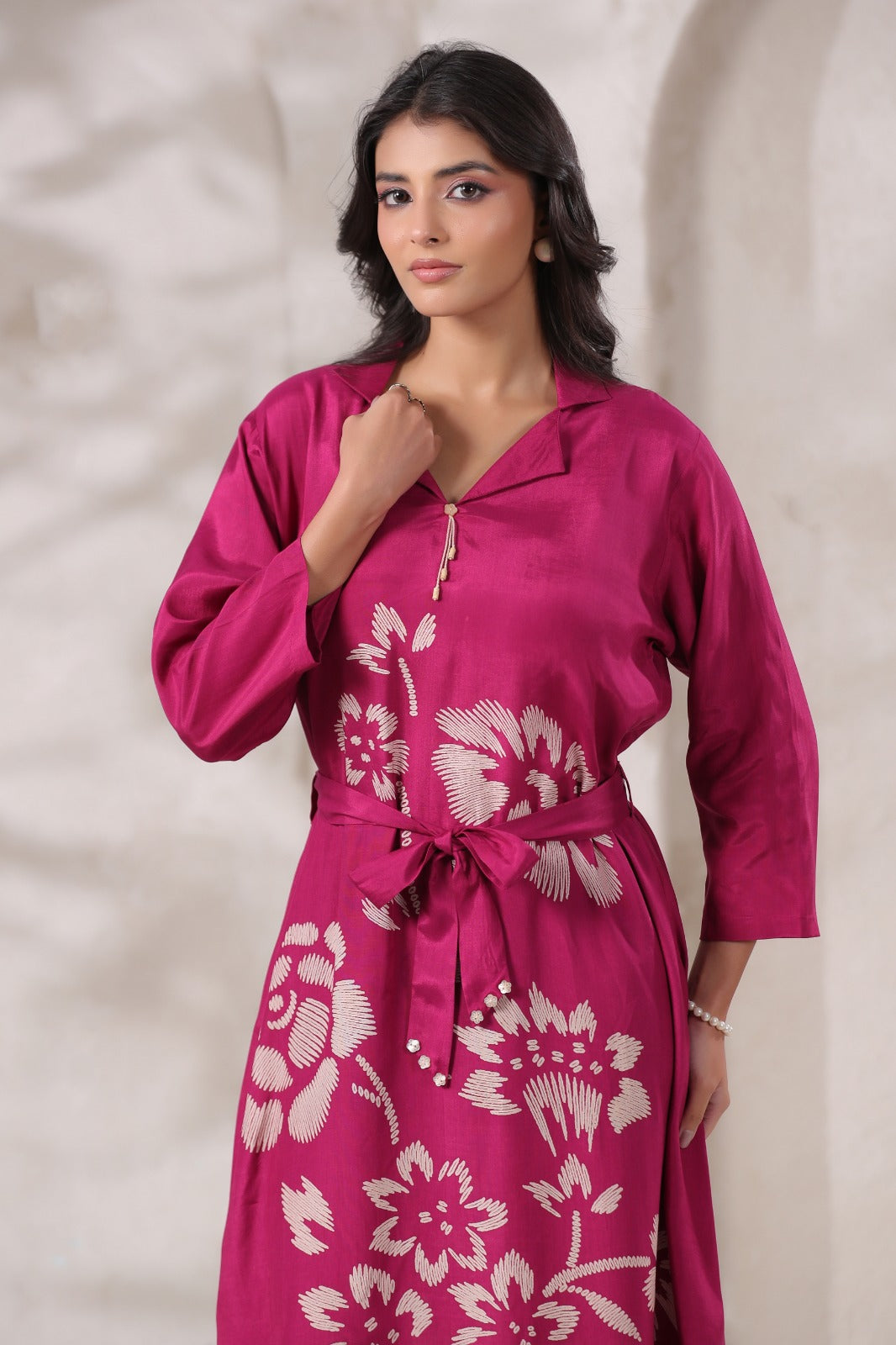 Margenta Satin Long Dress with Golden Floral Embroidery