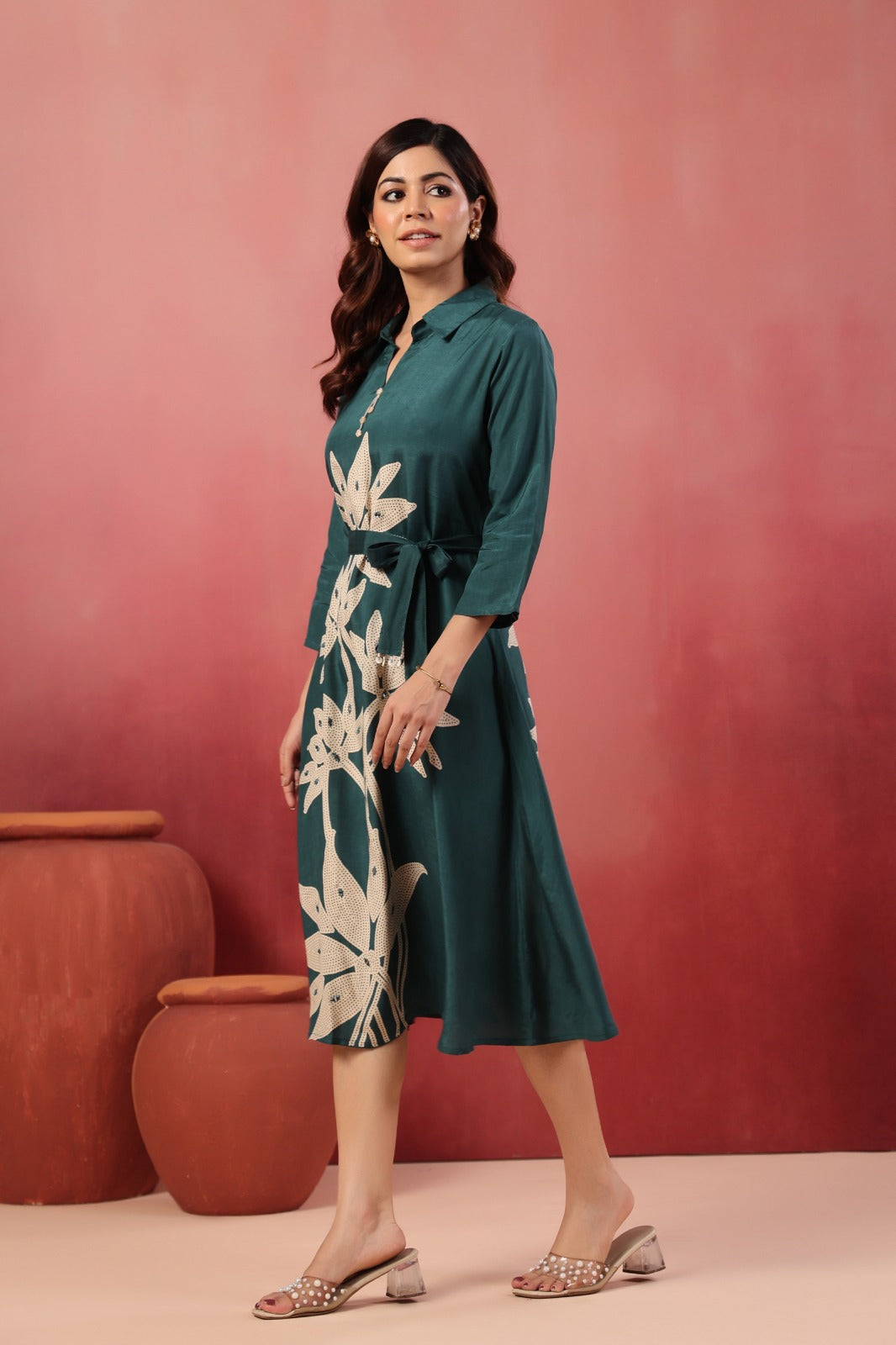 Rama Satin Long Dress with Golden Floral Embroidery