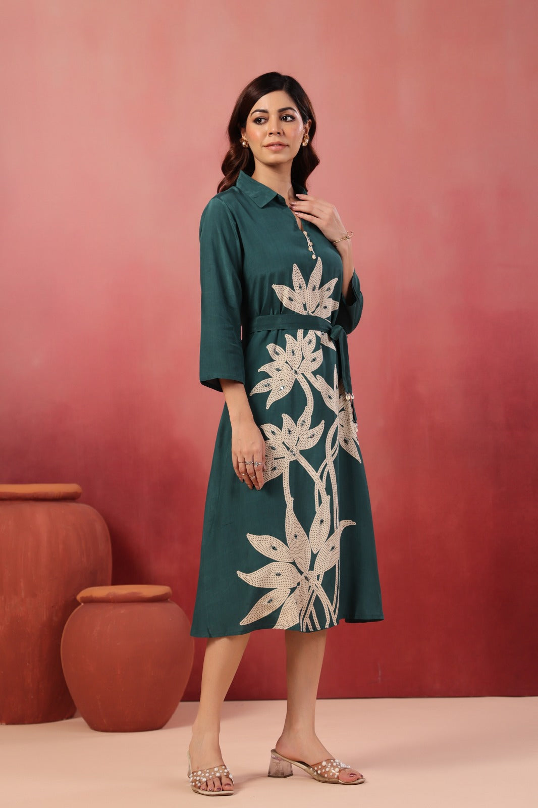 Rama Satin Long Dress with Golden Floral Embroidery