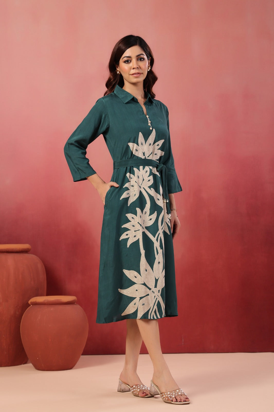 Rama Satin Long Dress with Golden Floral Embroidery