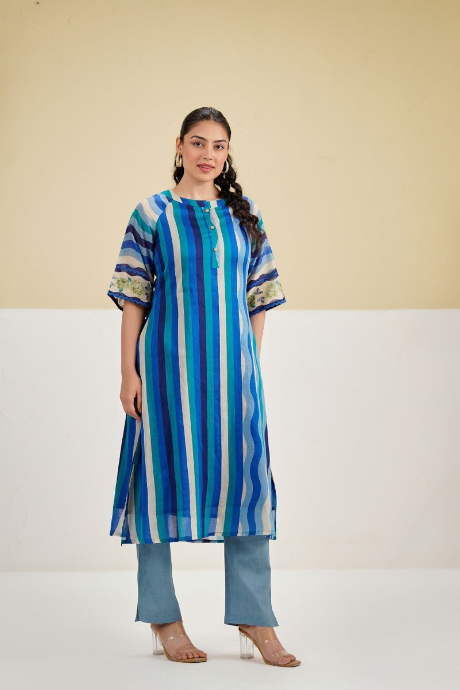 Blue Vertical Stripe A-Line Kurta Cord Set