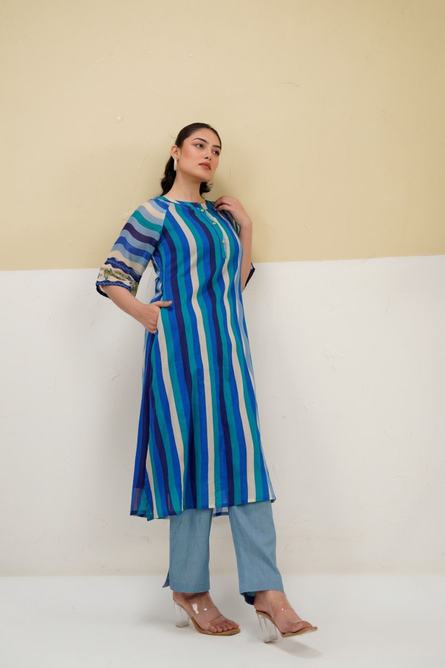Blue Vertical Stripe A-Line Kurta Cord Set