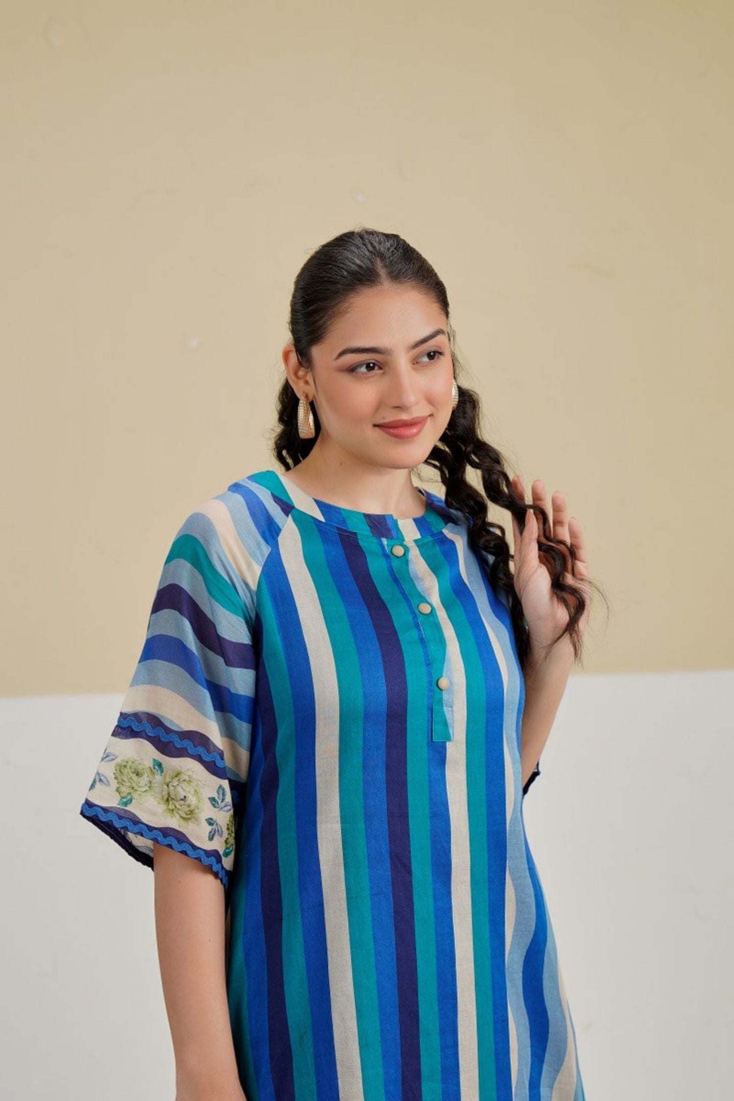 Blue Vertical Stripe A-Line Kurta Cord Set