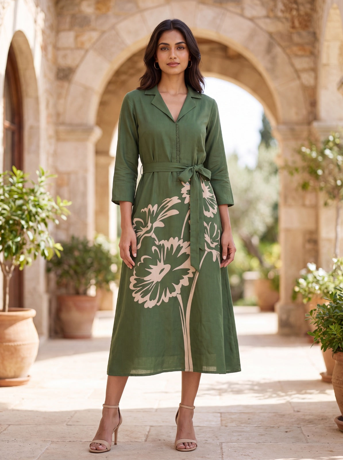 FREYAA Olive Green Floral Printed Russian Silk Midi Dress with Waist Tie-Up