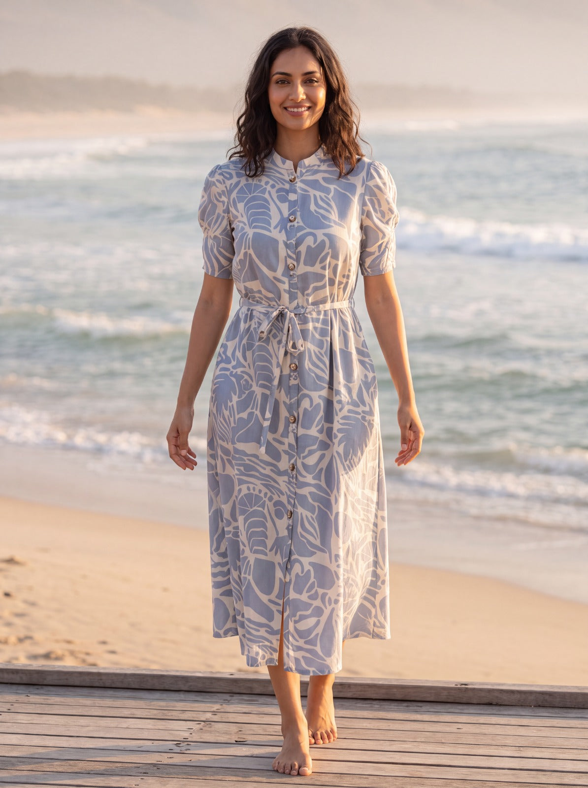FREYAA Grey Printed Muslin Midi Dress with Puff Sleeves