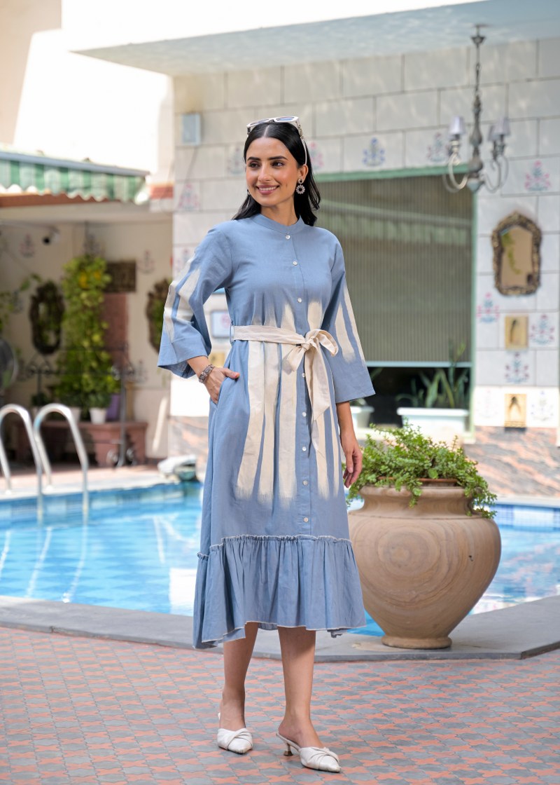 Blue Shirt Long Dress with Belt