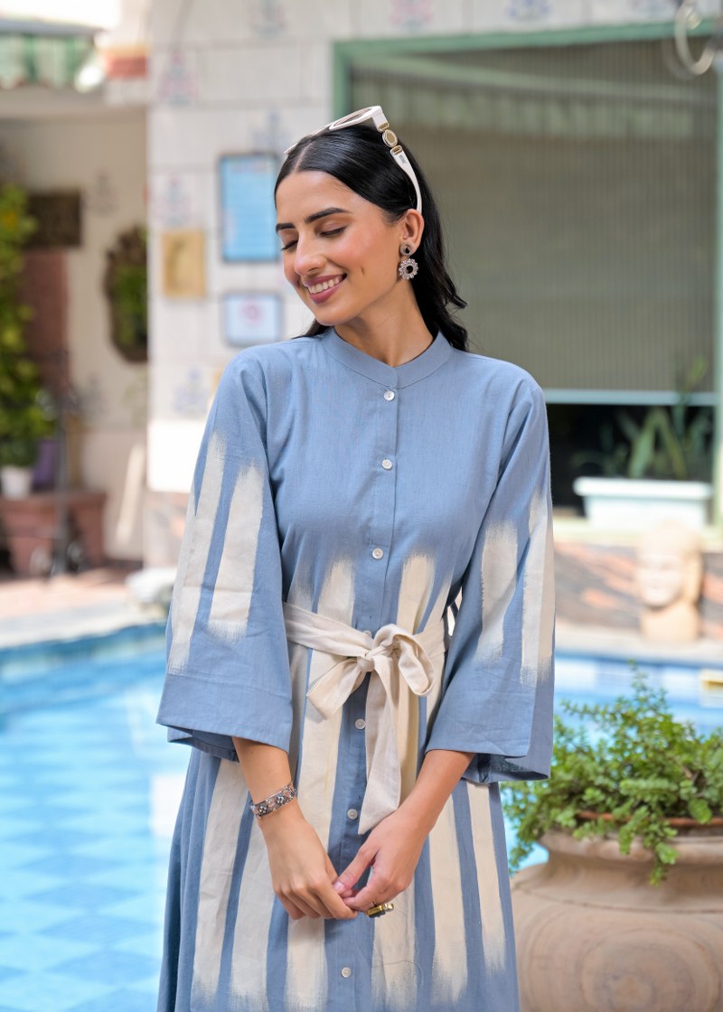 Blue Shirt Long Dress with Belt