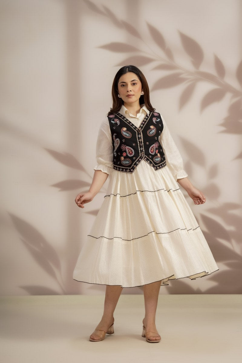 White Long Dress with Elegant Thread Embroidery Vest Jacket.