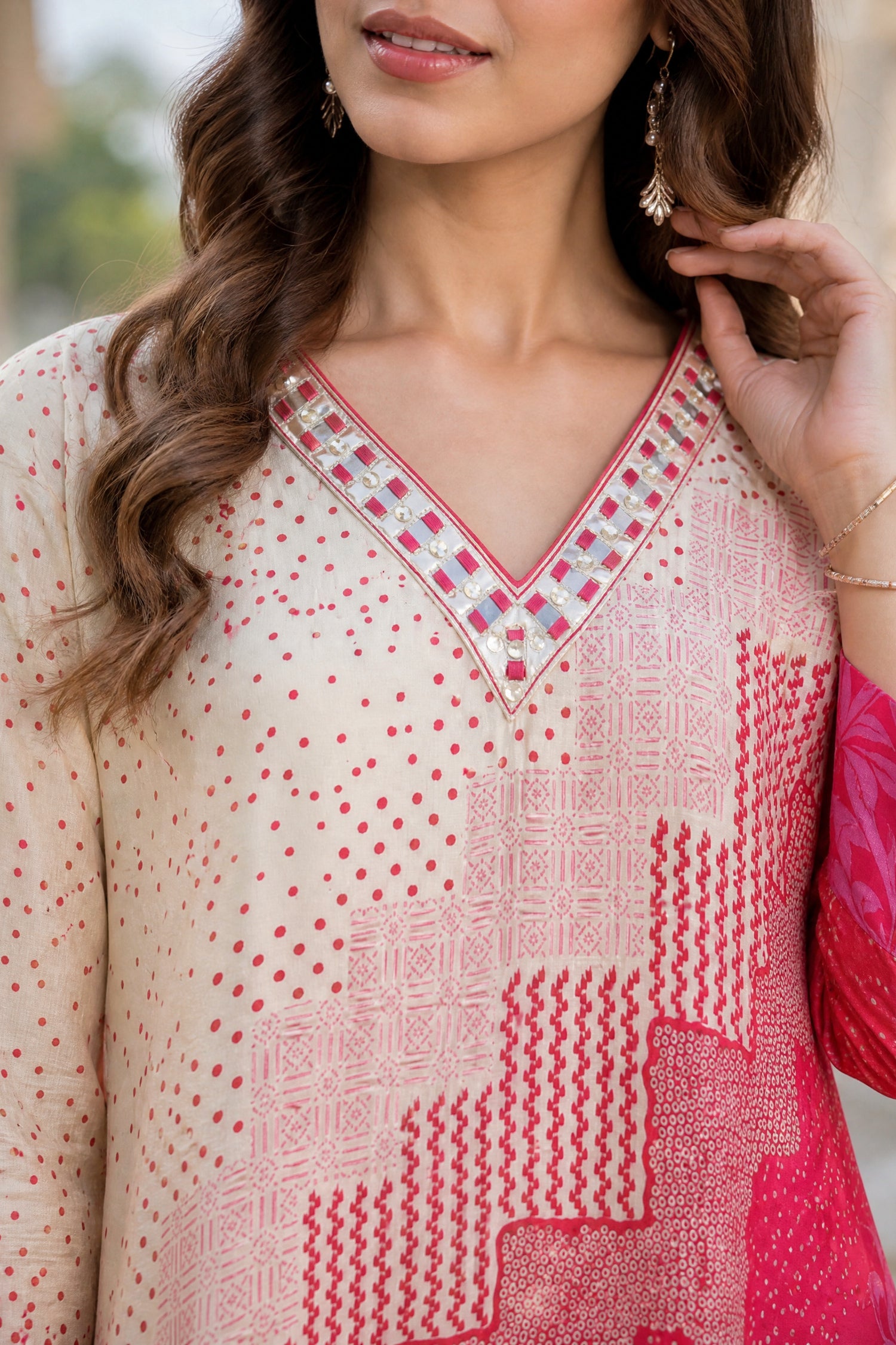 Beige and Pink Mosaic Printed Kaftan Kurta Set