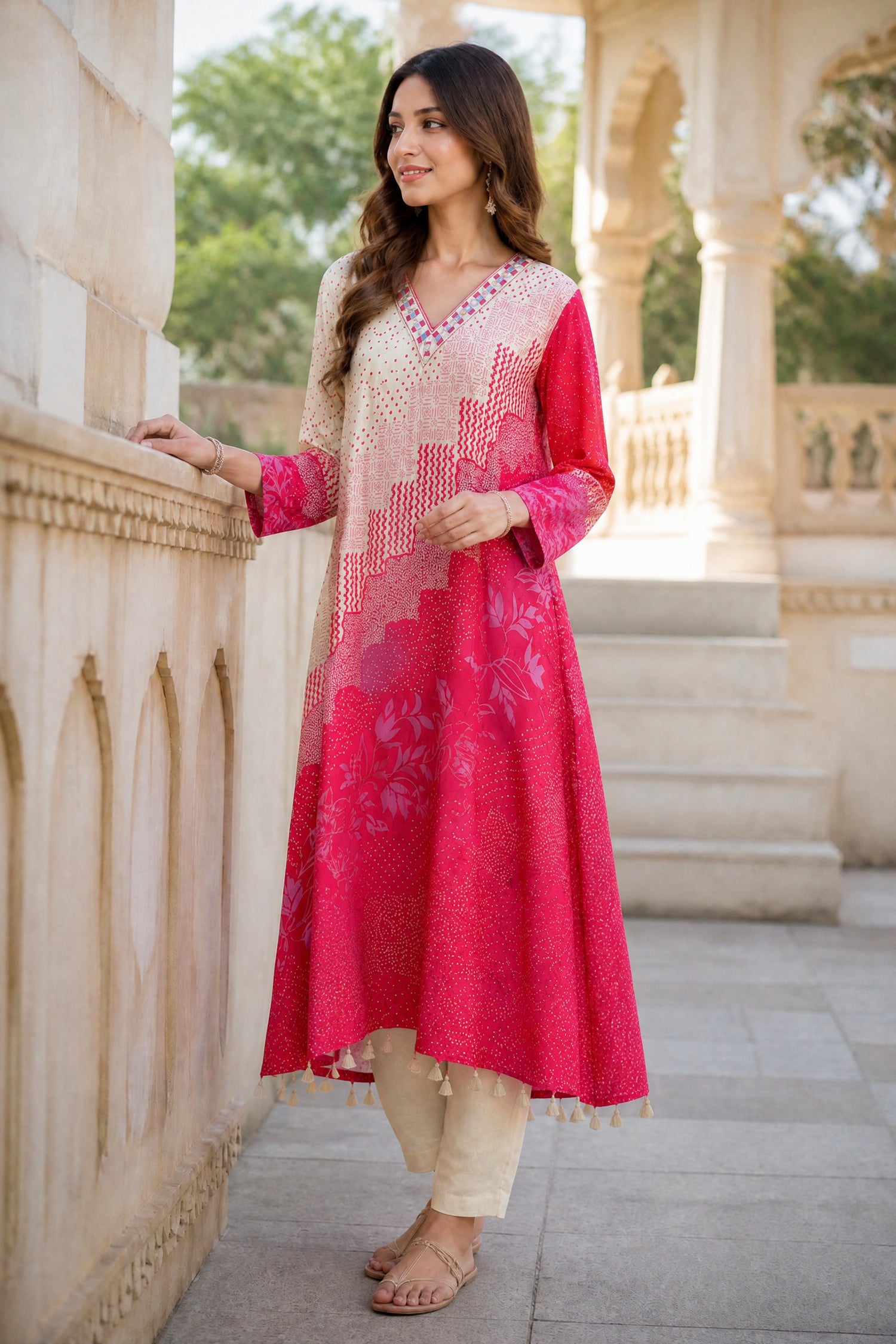 Beige and Pink Mosaic Printed Kaftan Kurta Set