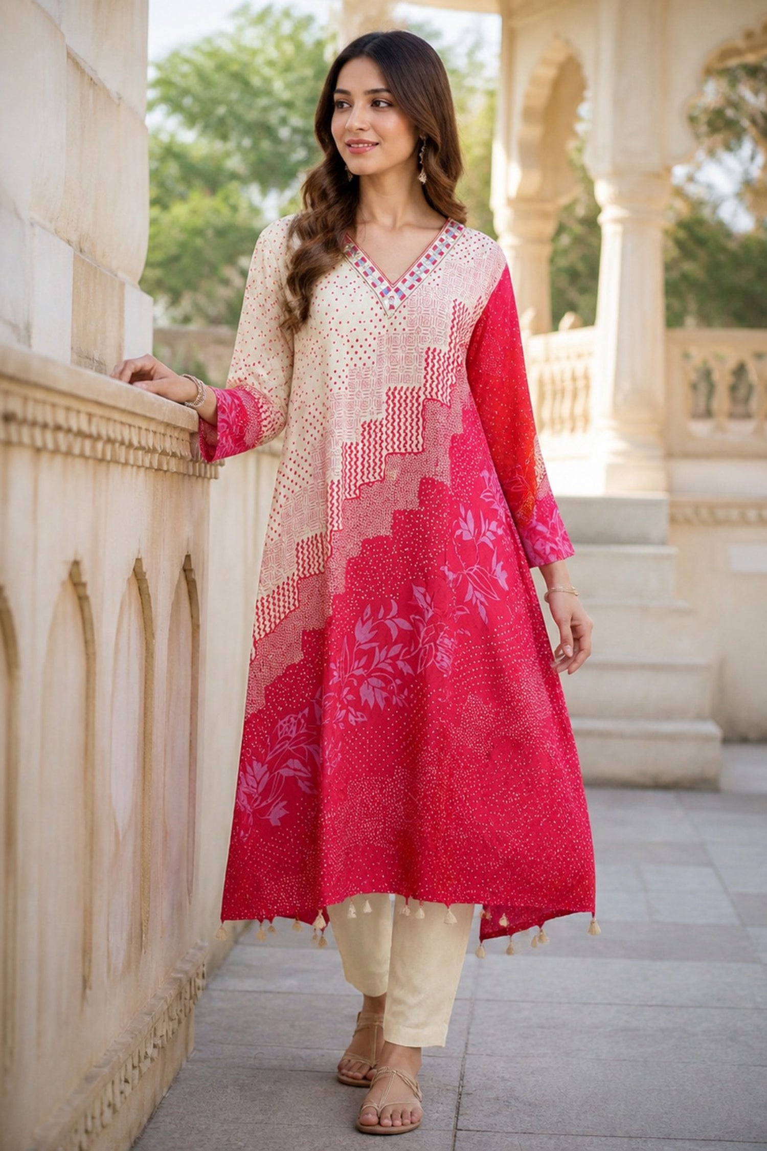 Beige and Pink Mosaic Printed Kaftan Kurta Set
