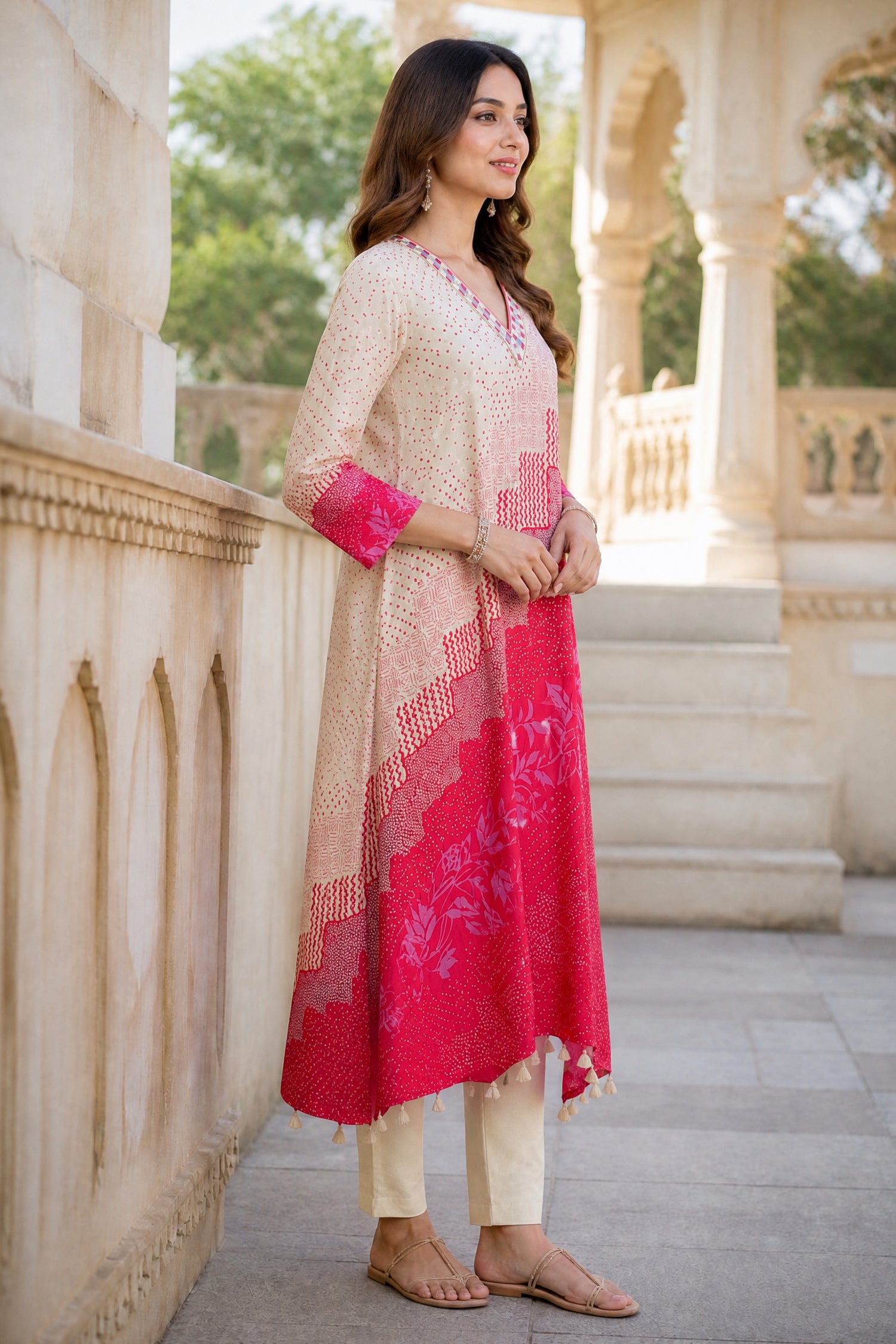Beige and Pink Mosaic Printed Kaftan Kurta Set