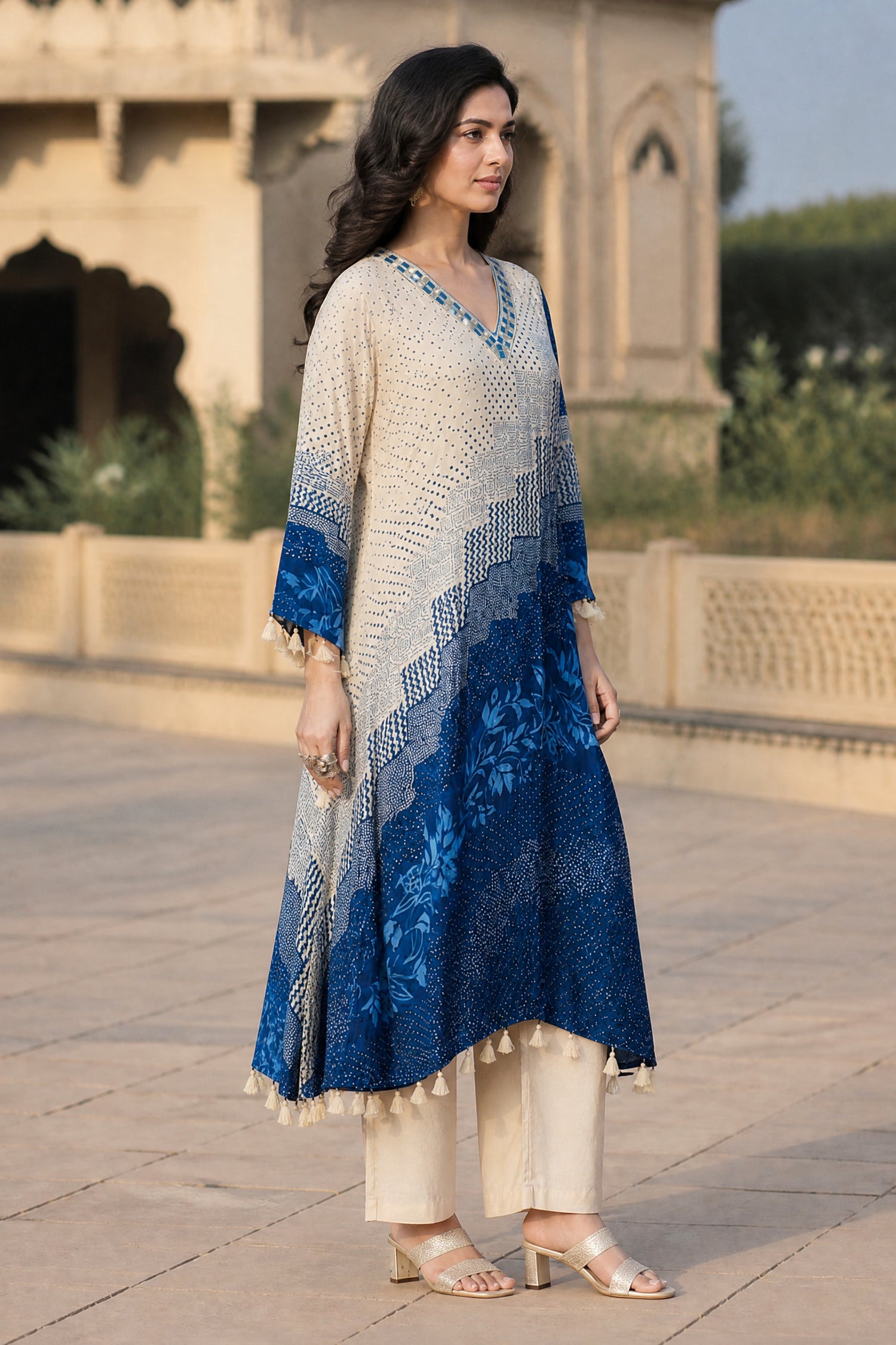 Beige and Blue Mosaic Printed Kaftan Kurta Set