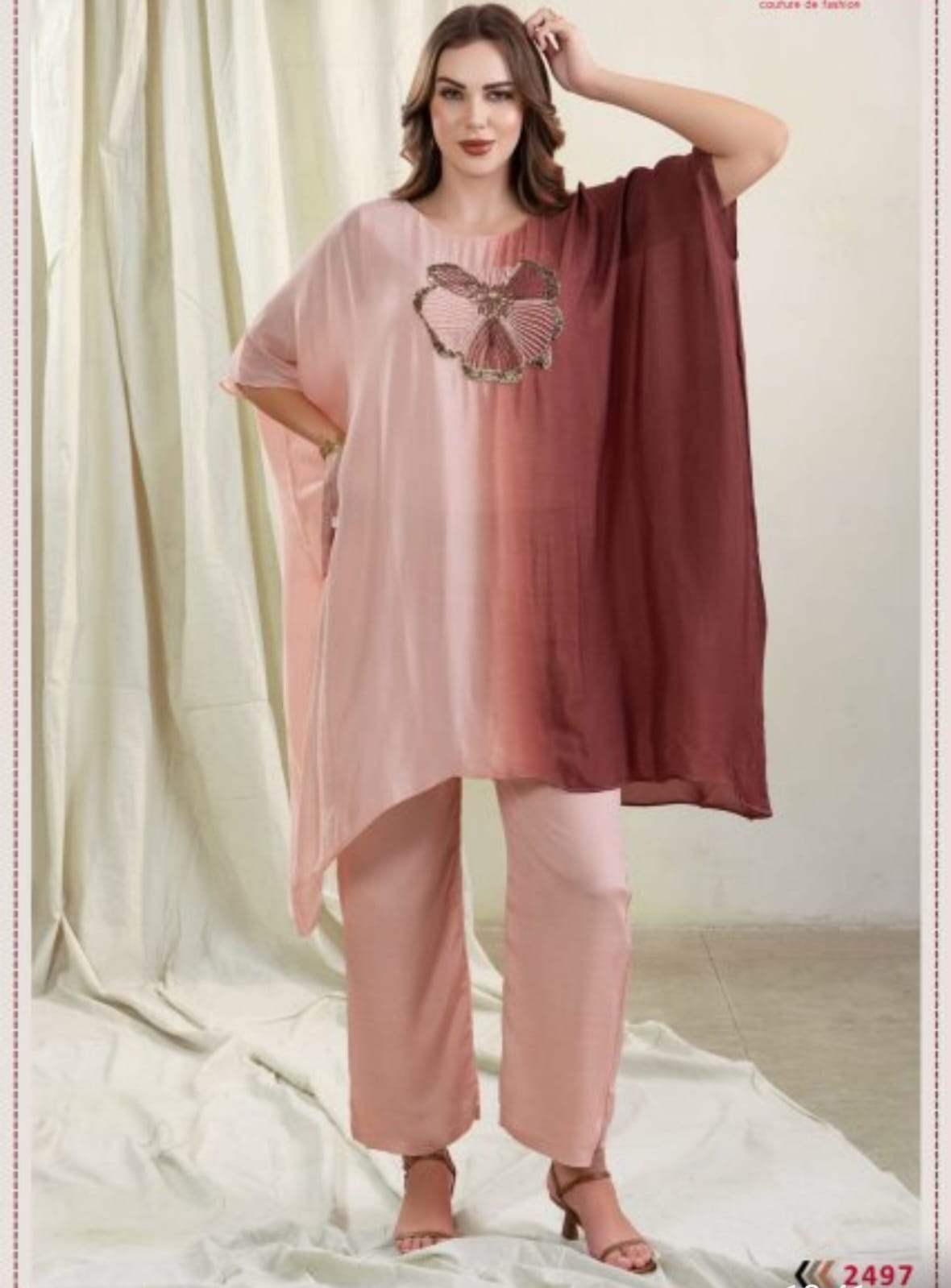 Peach Ombre Embroidered Kaftan Coord Set