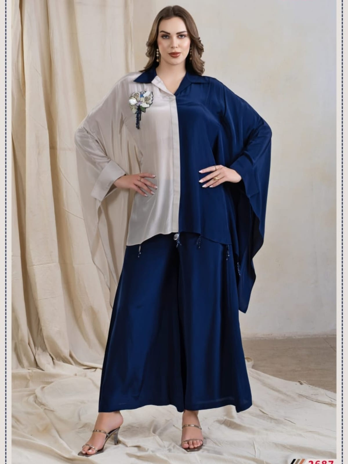 Navy Blue Asymmetric Kaftan Coord Set