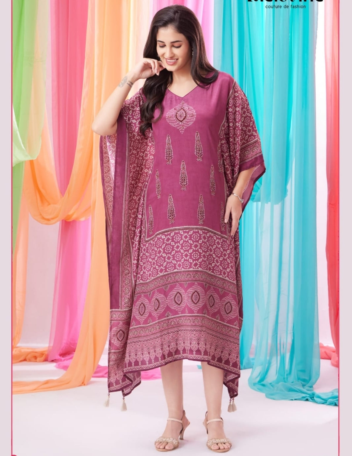Burgundy Block Printed Long Kaftan