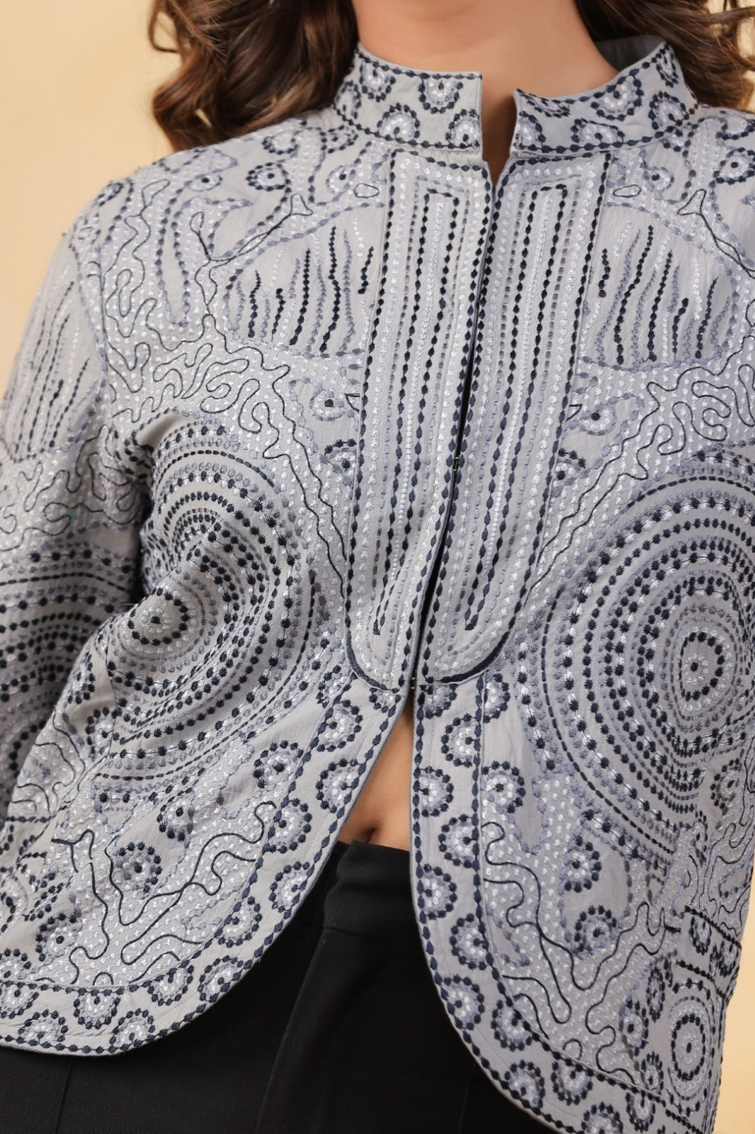 Grey Thread Work Cotton Ethnic Jacket