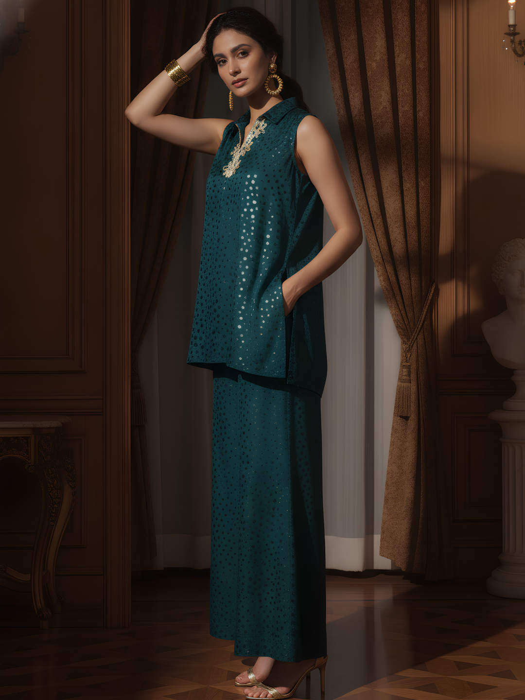 Embellished Teal Poly Silk Kurta &Palazzo Co-Ord Set