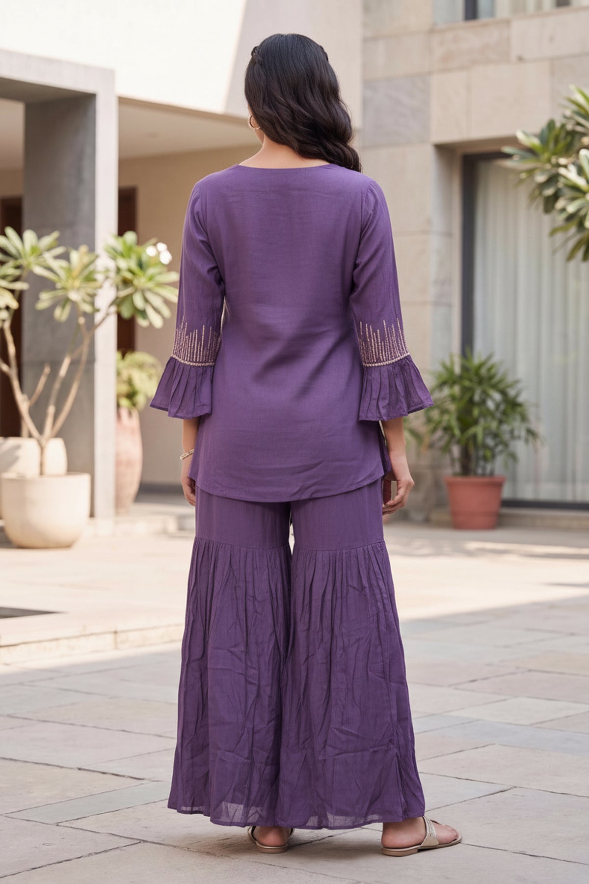 Purple Asymmetric Embroidered Coord Set