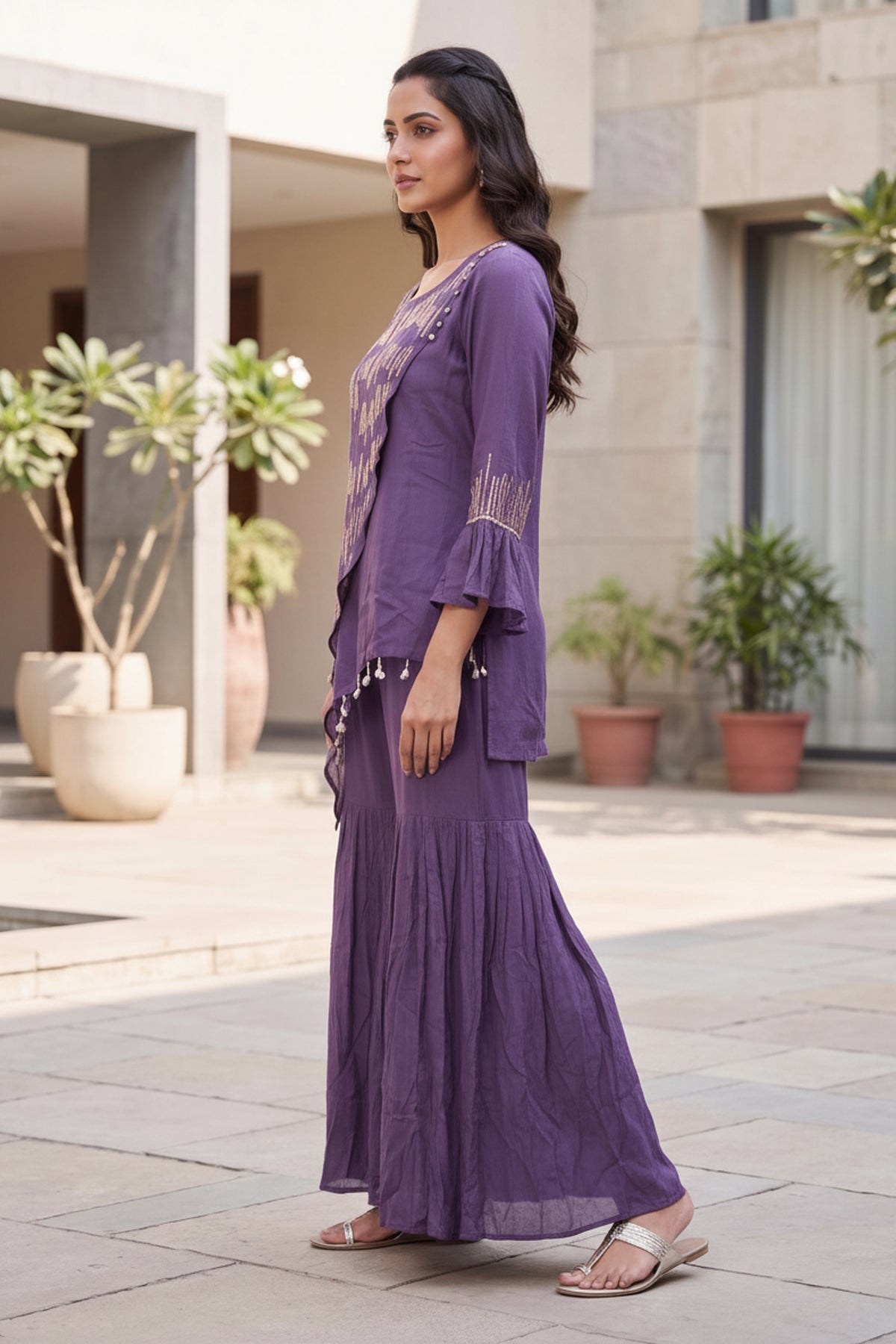 Purple Asymmetric Embroidered Coord Set
