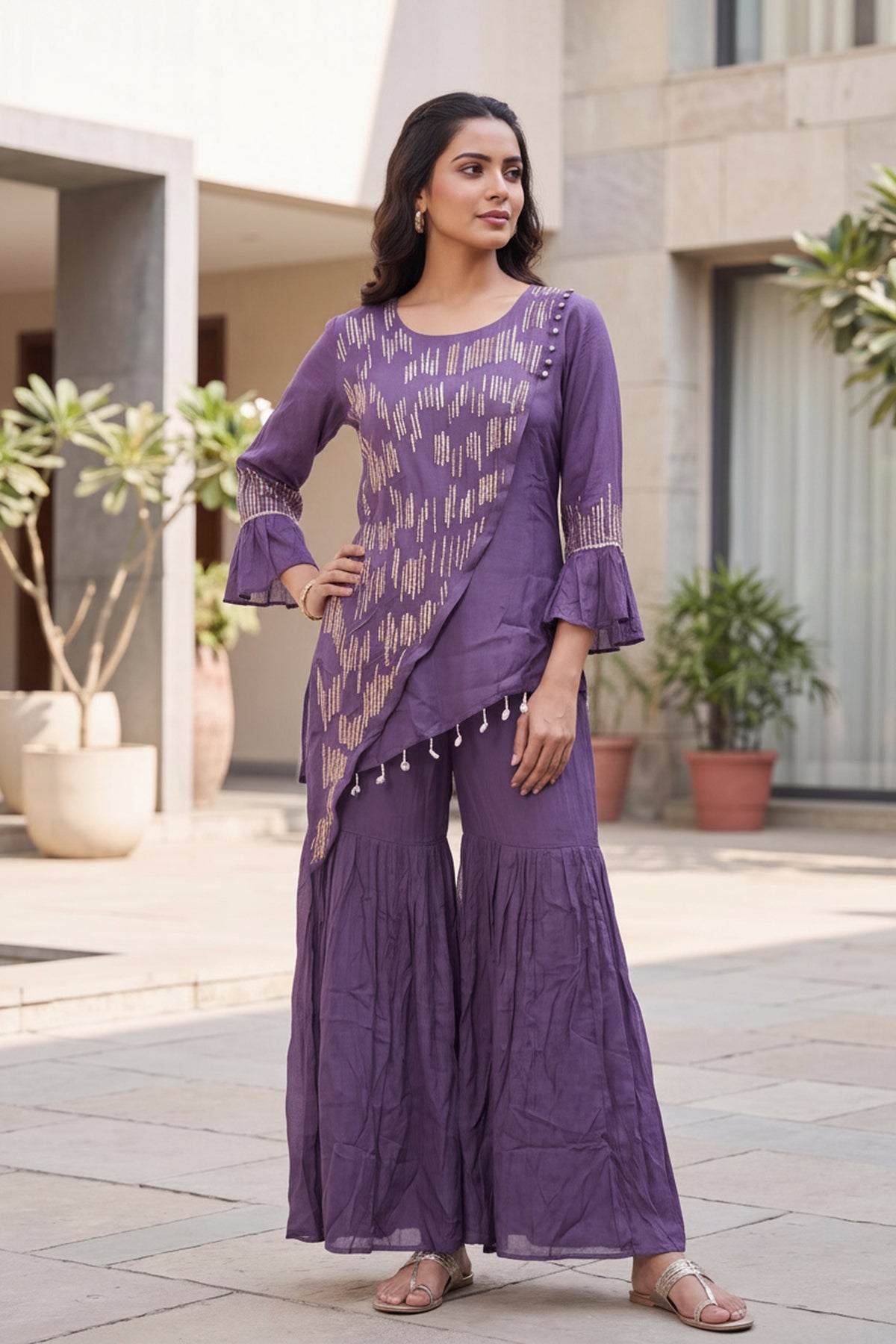 Purple Asymmetric Embroidered Coord Set