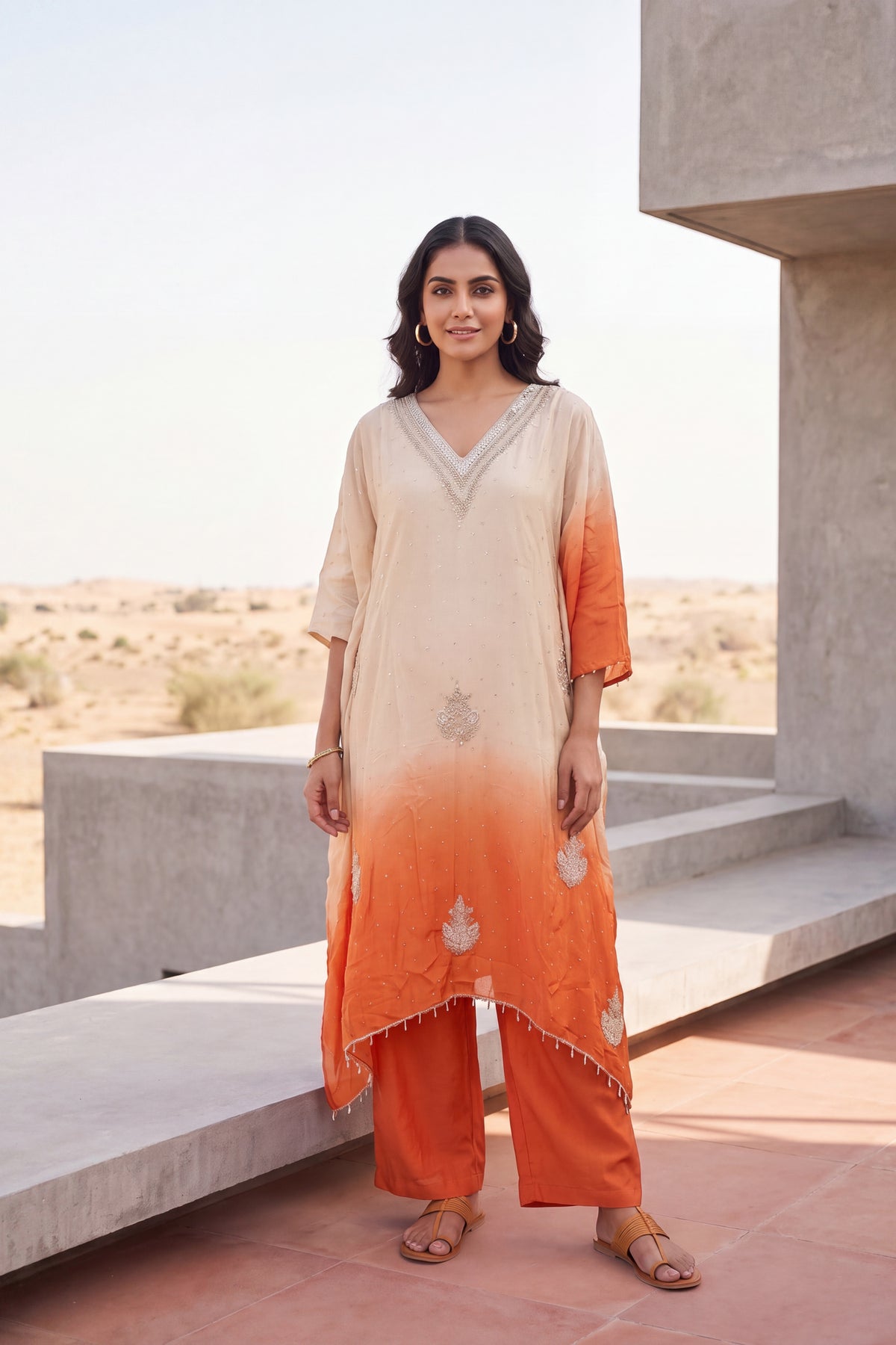 Orange Ombre Embroidered Coord Set