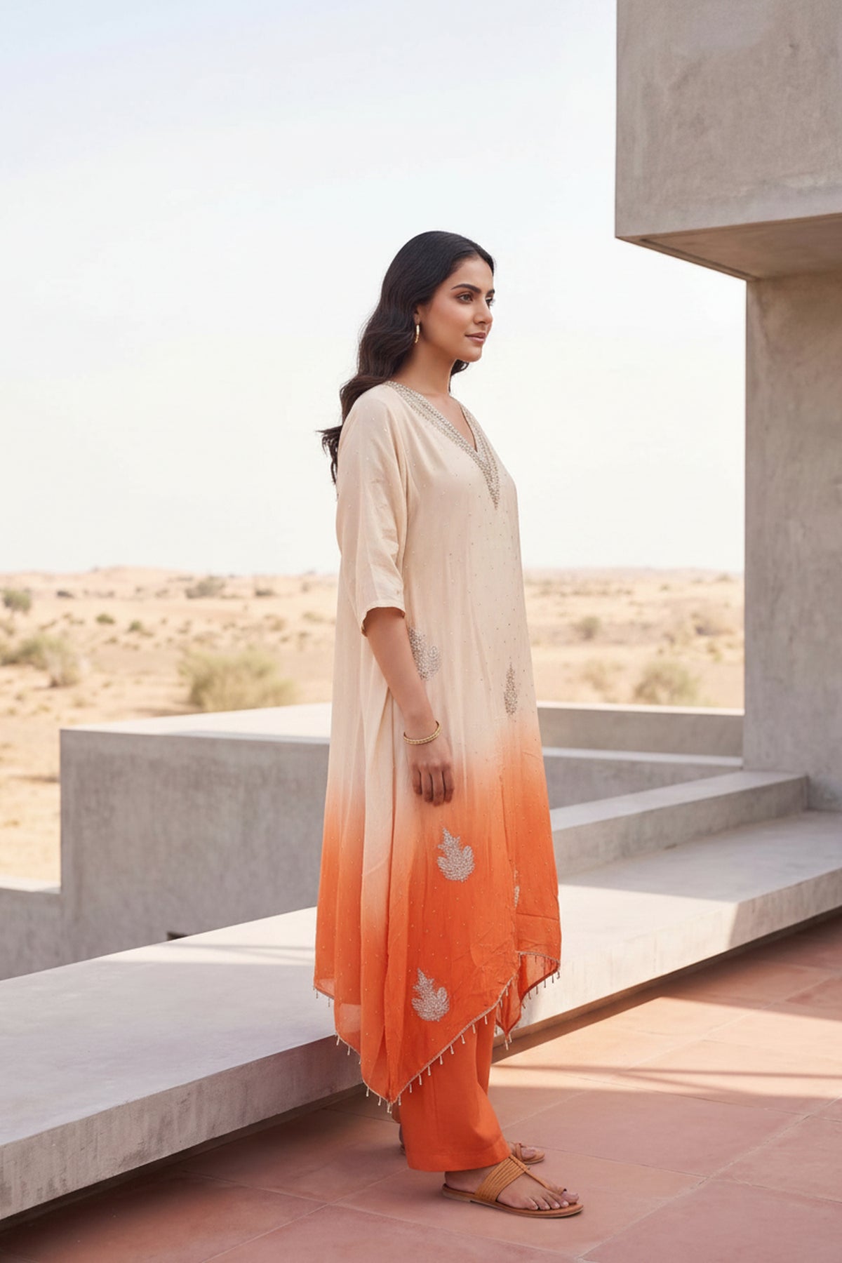 Orange Ombre Embroidered Coord Set
