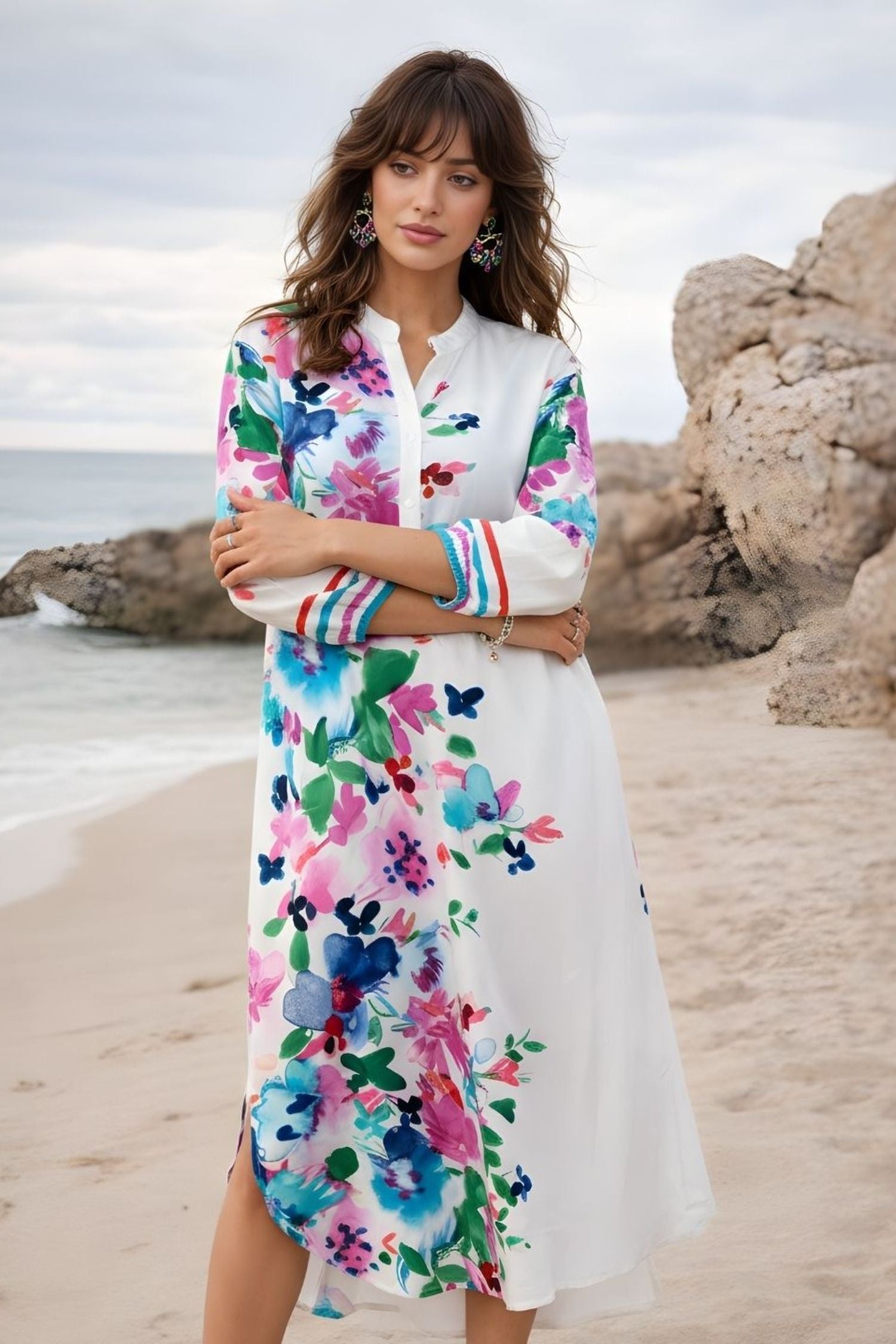 WHITE FLORAL VIBRANT A-LINE LONG SHIRT DRESS