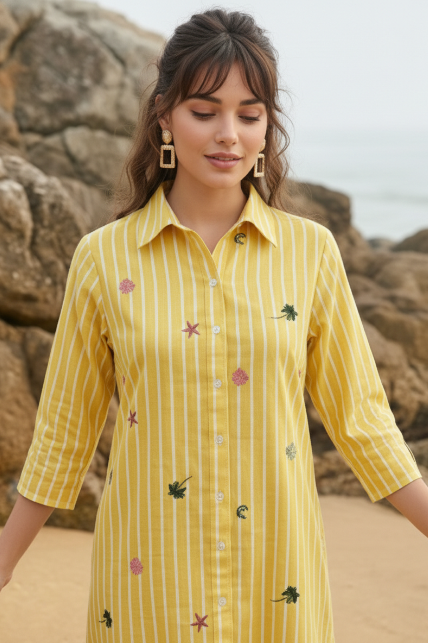 Yellow Striped Embroidered Shirt Dress