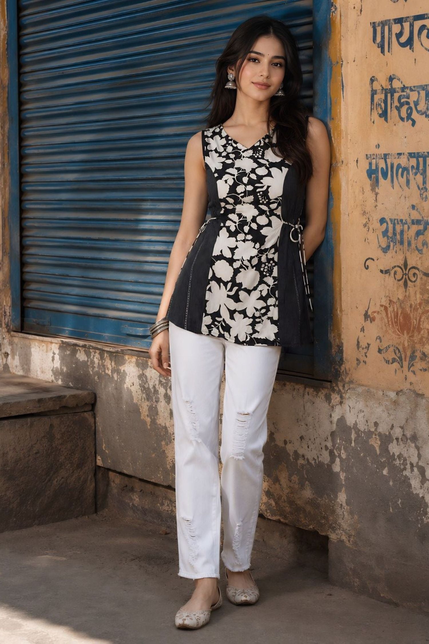 Black &amp; White Floral Sleeveless Top