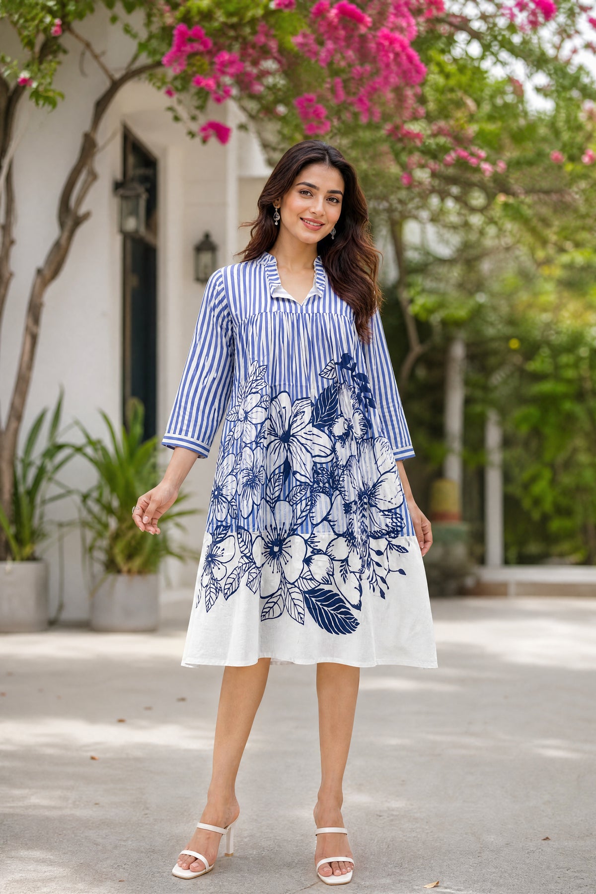 Blue Stripe line Floral Dress