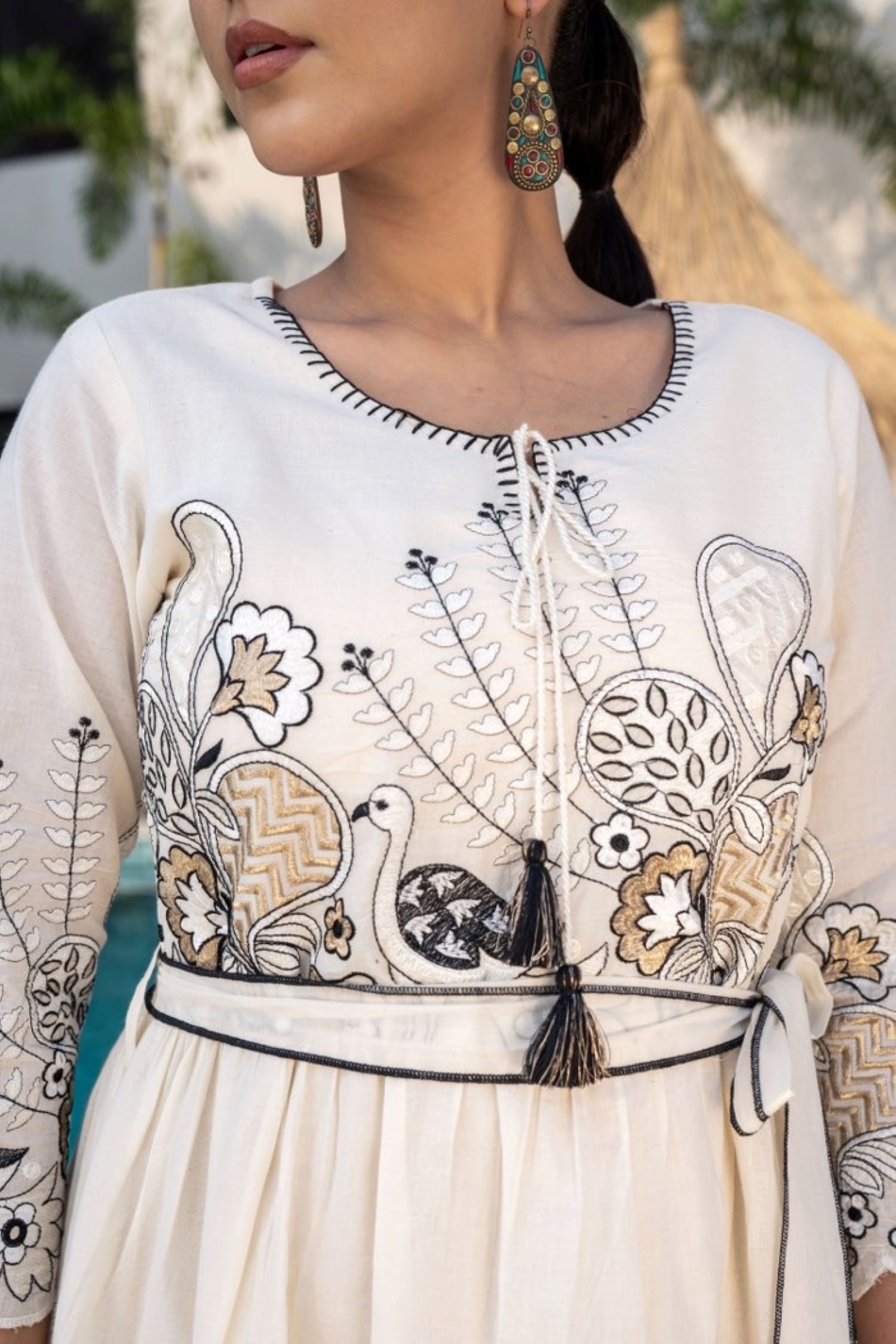 Elegant Cream Tunic with Black Patterned Designs