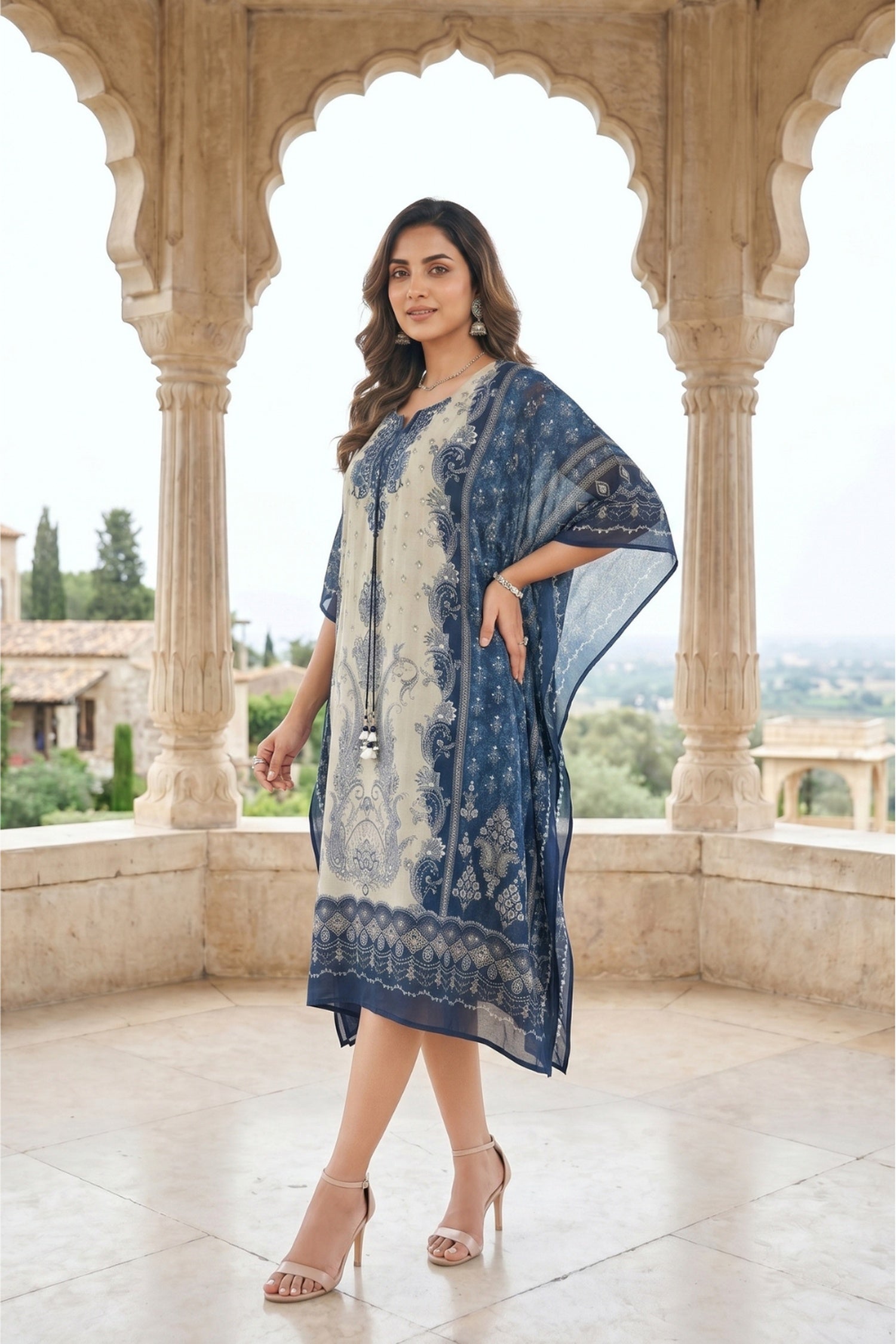 Midnight Blue Chinon Silk Long Kaftan Dress