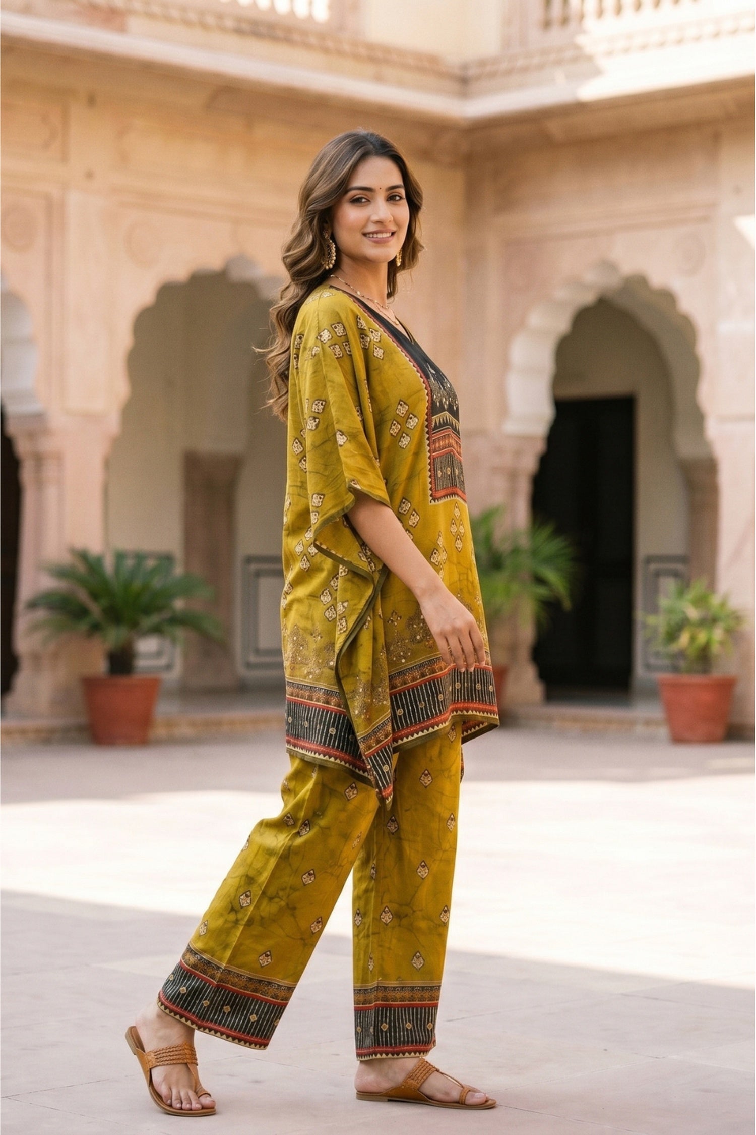 Rich Yellow Kaftan Cord Set in Chinon Silk